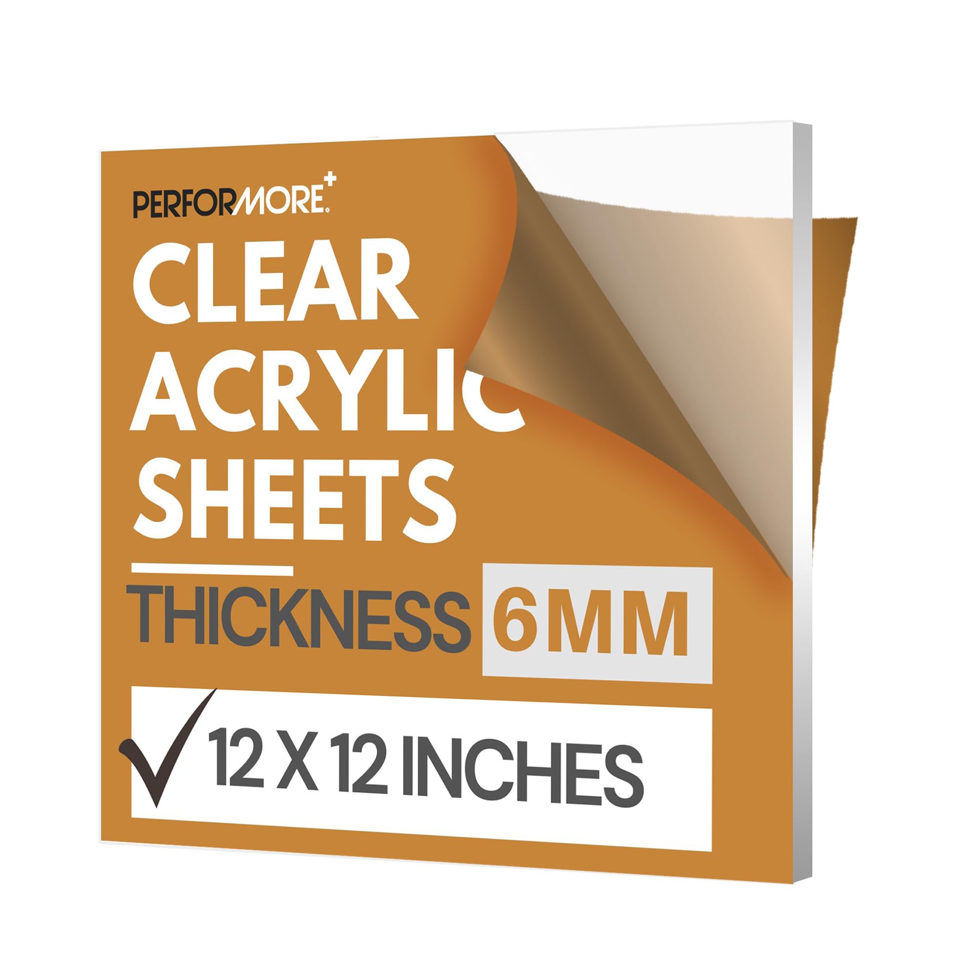 Performore Clear Plexiglass Acrylic Sheet 12x12 Inches, 6mm (1/4 inch Thickness) Unbreakable and Lightweight Substitute for Glasses, Great Use for