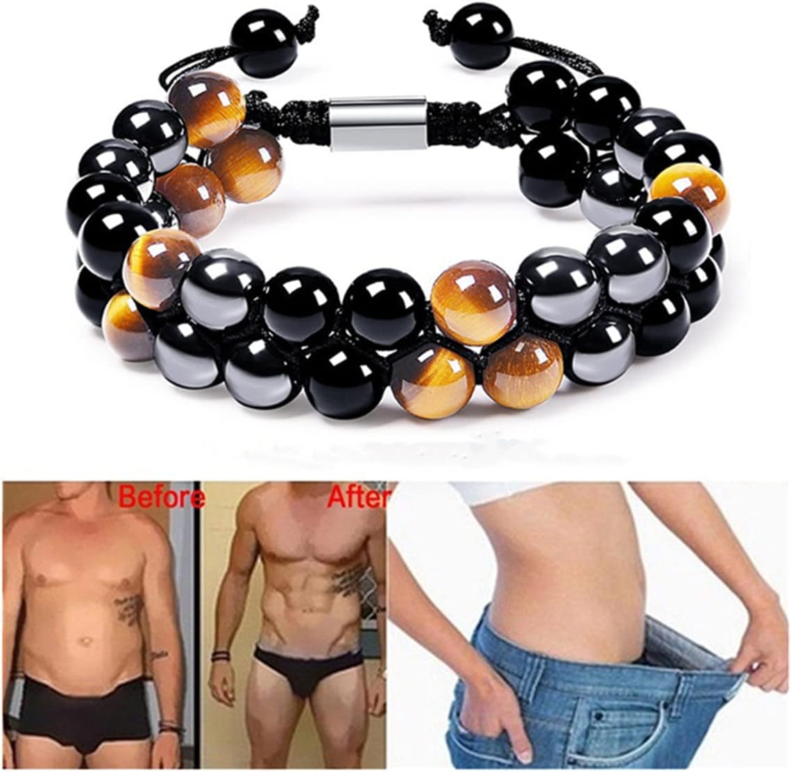 Triple Protection Bracelet for Bring Luck and Prosperity Hematite Black Obsidian Tiger Eye Stone Bracelets for Men Women, Beaded Buddha Healing Rope Uni Bracelet (2pcs) - Image 5