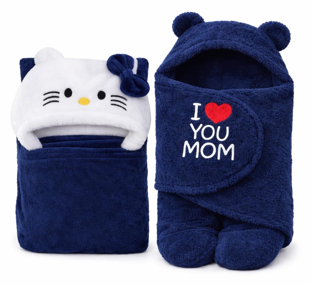 First Kick Baby Blankets New Born Combo Pack of Hooded Wrapper Sleeping Bag and Baby Bath Towel for 0-6 Months Baby Boys and Baby Girls Pack of 2, Flannel, Navy Blue Mom & Kitty, Lightweight