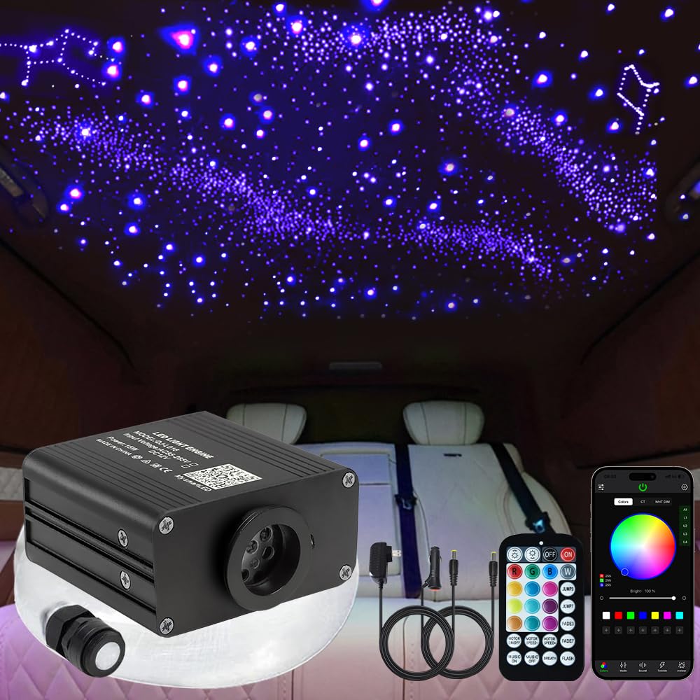 FIREWORK Starlight Headliner Kit, 16W Twinkle RGBW Sound Sensor Fibre Optic Lights Star Ceiling Light for Home &amp; Car Ceiling Headliner Decoration with Music+APP+Remote Control 650pcs*0.03in*13.1ft/4m