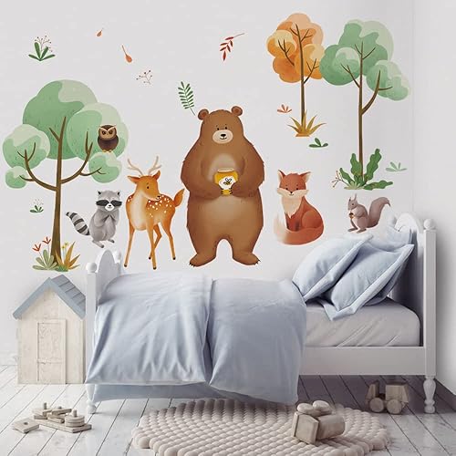 Runtoo Calcomanías de pared de animales del bosque, diseño de oso zorro, bosque, calcomanías de pared para guardería, dormitorio de niños,