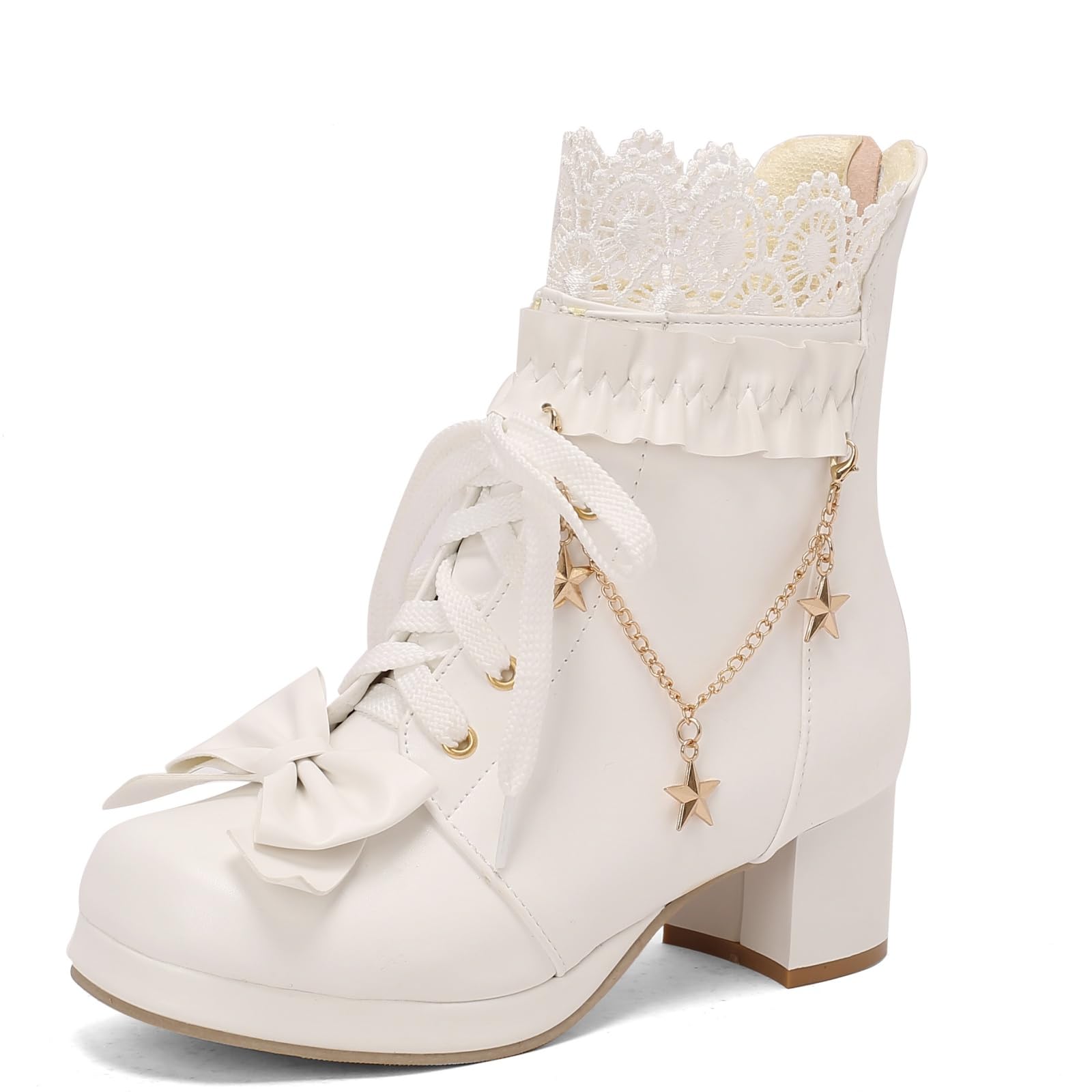 UniqueStride Womens Kawaii Cosplay Ankle Boots Platform Mid Block Heel Lace Up Sweet Bows Cute Lolita Booties