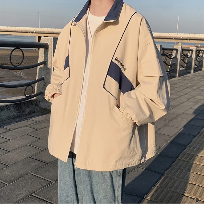 GAI Men's Varsity Jacket Harajuku Vintage Bomber Jackets Techwear Windbreaker Color Block Unisex Coats Korean Streetwear (A Khaki,M)3
