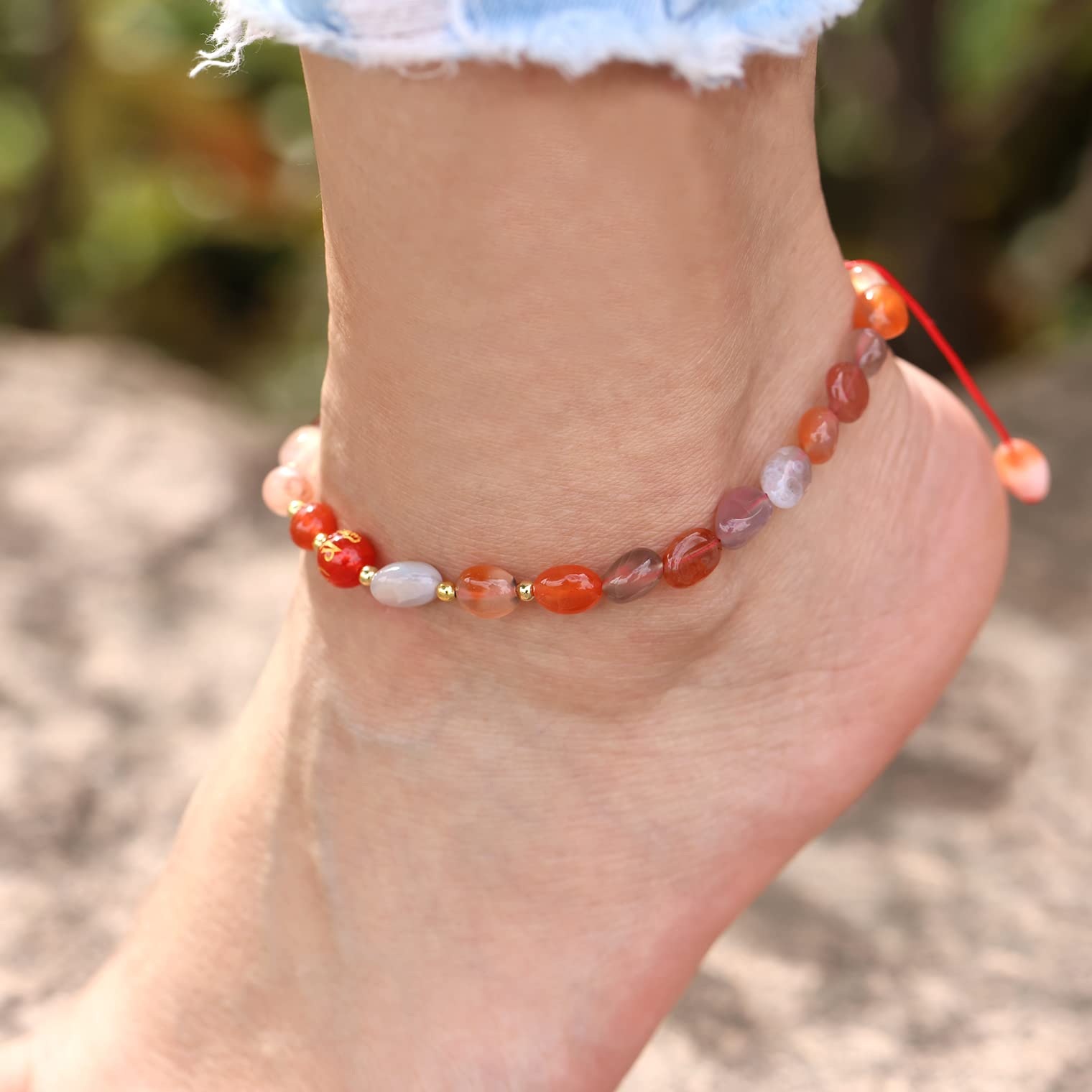 XHUUU Feng Shui Agate Beaded Anklet Protection Tumbled Crystals Ankle Bracelets for Women Beach Foot Jewelry Adjustable (Red Agate) - Image 4