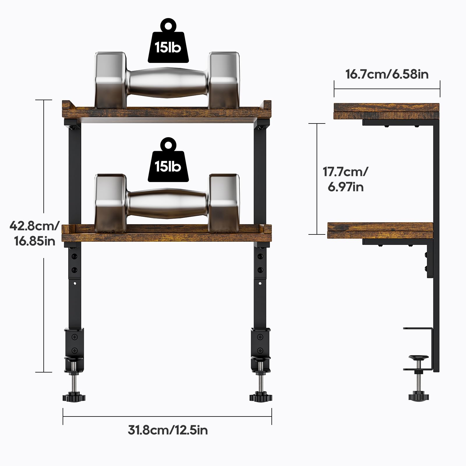 THYGIFTREE Anklemmbares, hochwertiges 40 cm Industrierohr-Tischregal mit 2 Ebenen, robuster Schreibtisch-Erweiterungs-Organizer, modernes Schreibtisch-Ausstellungsregal