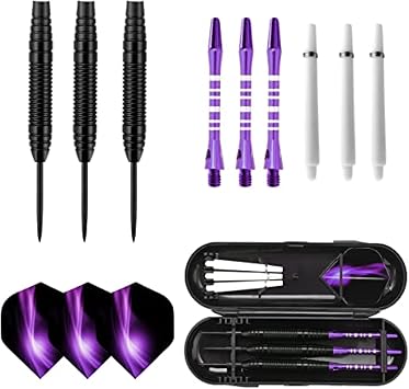 Shoze 3PCS Tip Darts Set 22g Steel Standard Flights Set Tungsten Darts with Flights Stems and 1 Darts Case Professional Metal Darts Set with CasePurple