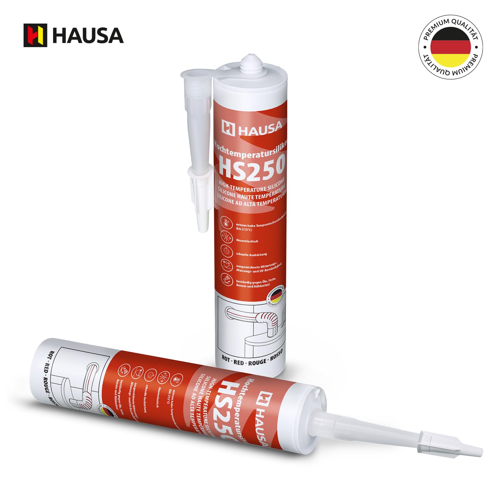Silicone haute température HS250 Colle et mastic professionnel pour joints pour températures jusqu'à 305°C Étanchéité de moteurs automobiles, industriels et marins 4x310ml (Rouge) HAUSA