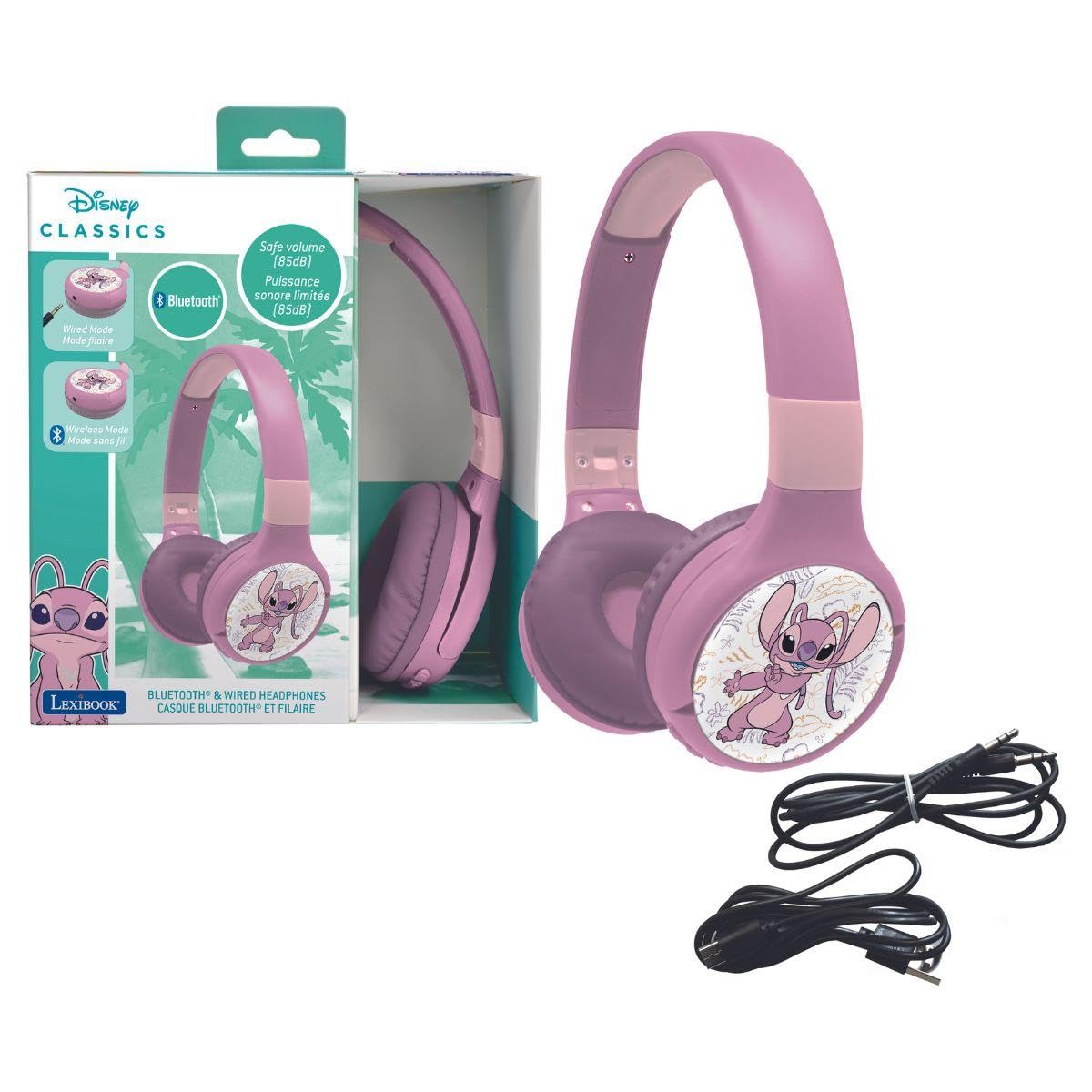 LEXIBOOK, Disney Stitch, Angel 2-in-1 Bluetooth & Wired Headphones with microphone and control buttons, Foldable and Adjustable, Long-lasting rechargeable battery, Pink, HPBT010D1LXB