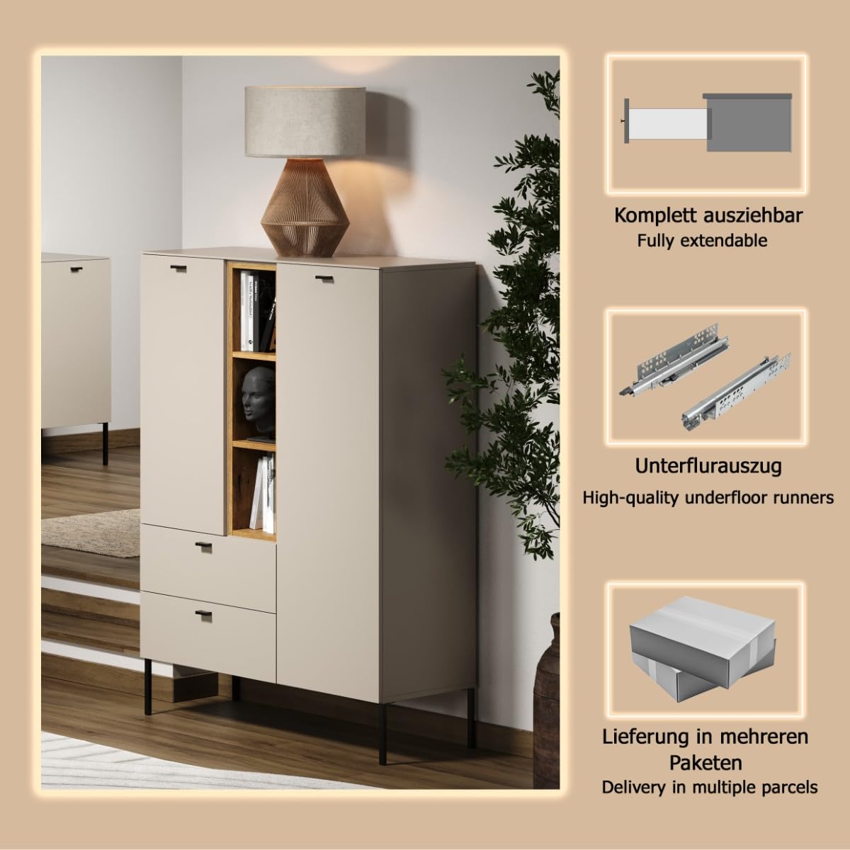 trendteam smart living Sao Paulo Highboard Kashmir (Beige)/Evoke Eiche Sideboard mit Soft-Close Funktion 93 x 140 x 42 cm Metallgriffe und -Füße Wohnzimmerschrank
