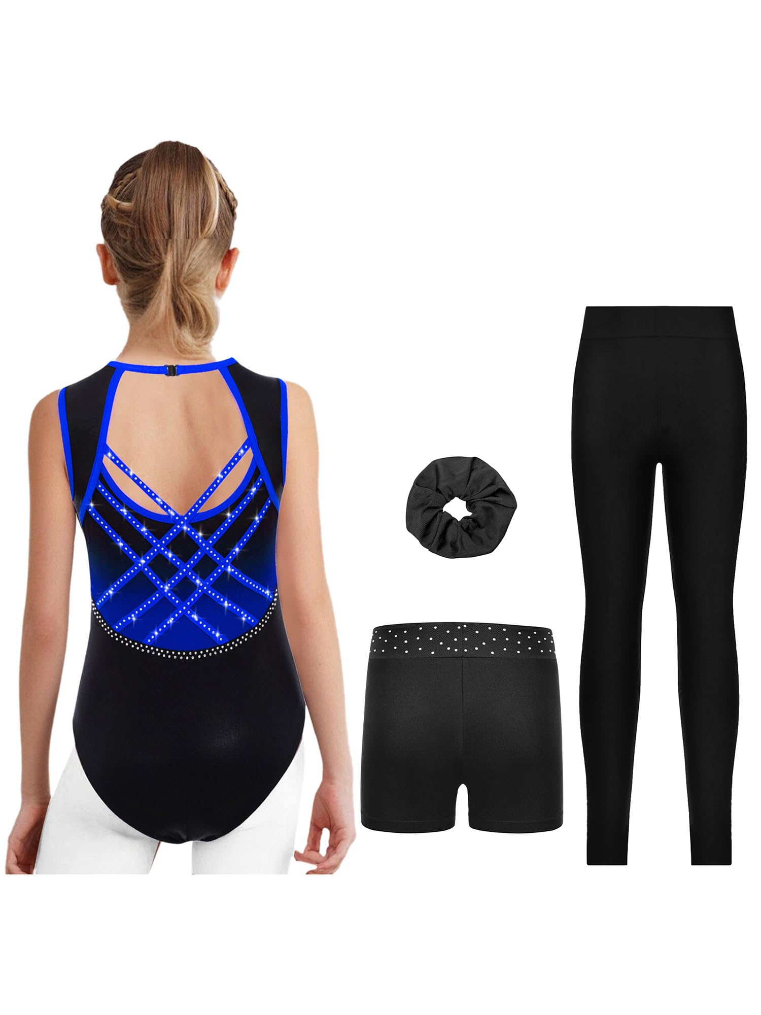 Pezzi Tutu Da Ginnastica Per Bambina Scintillante Tutu Da Ginnastica Con Pantaloncini Shorts Fazzoletto Per Capelli Leotard Da Da Maglia Da Per Competizioni Blu 5-6 anni