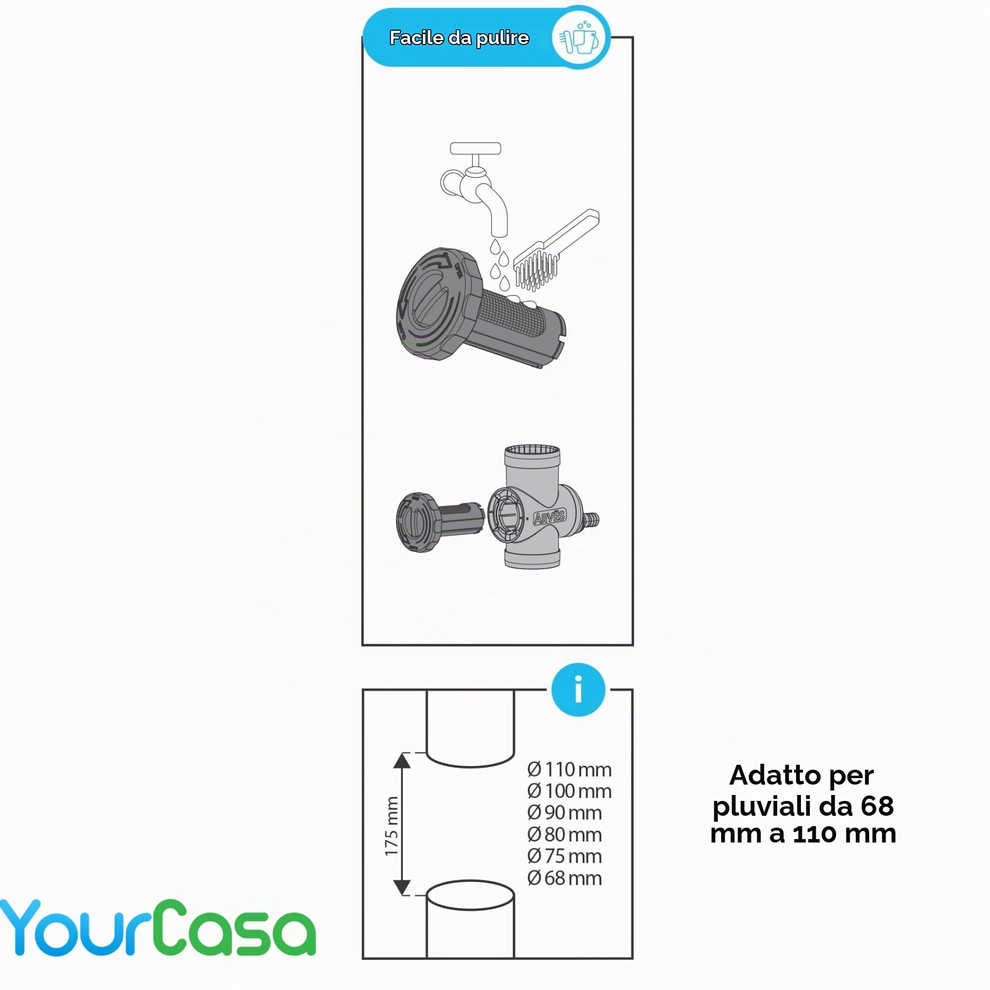 YourCasa Raccolta di pioggia [Downpipe] - Tappo per troppopieno, rubinetto di intercettazione e filtro metallico - Connessione tubo di scarico DN100 e serbatoio marrone