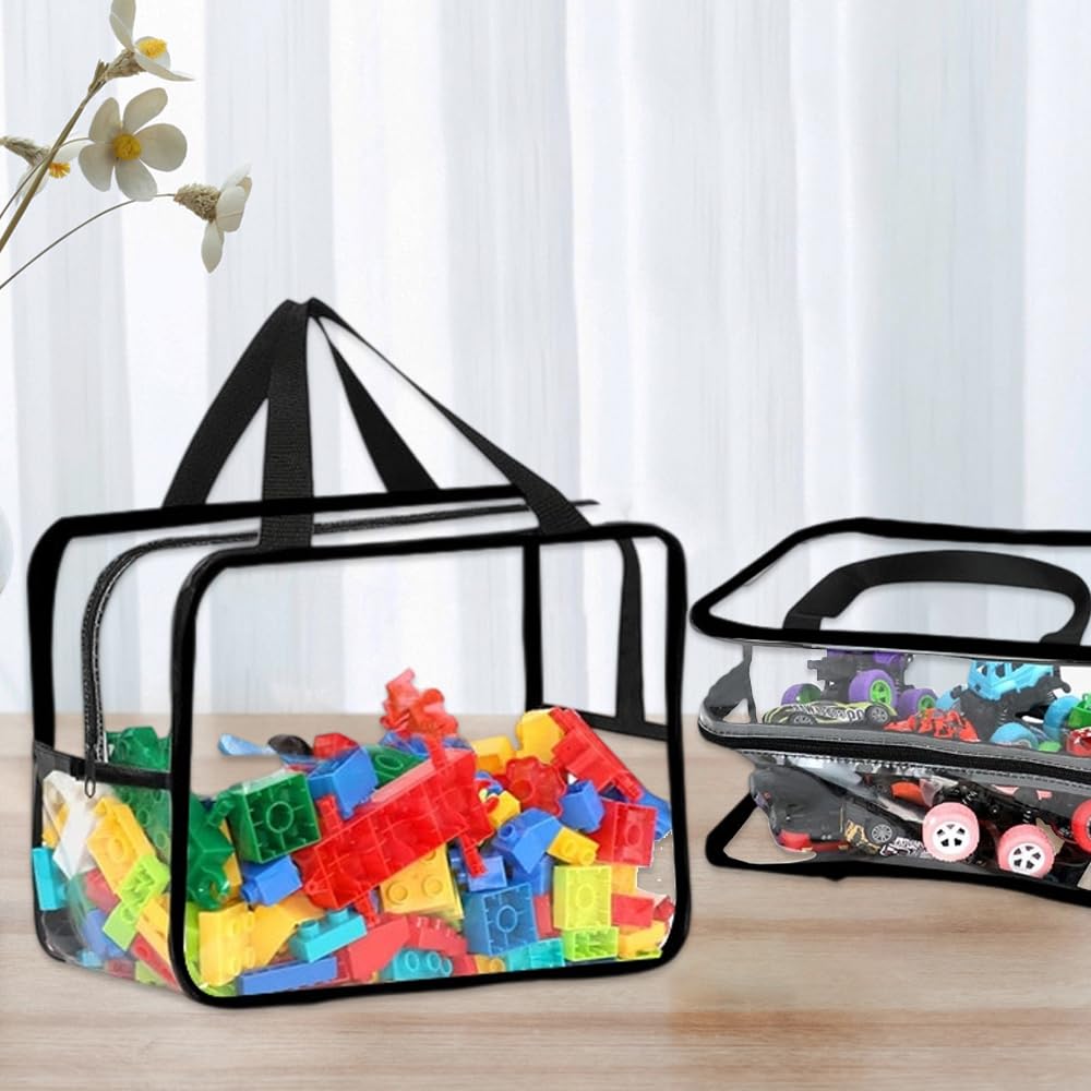 Confezione da 6 sacchetti trasparenti per giocattoli con manici, 35 x 24 x 18 cm, impermeabili, in PVC, con cerniera, riutilizzabili, per giocattoli per bambini, libri, cosmetici (nero)