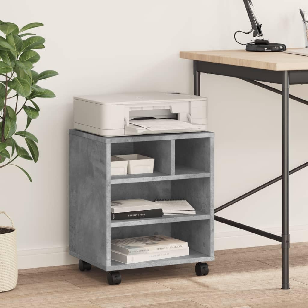 Hothingwell Supporto per stampante con ruote, grigio cemento, 41 x 32 x 48 cm, mobile stampante in legno di ingegneria con ripiano e deposito per forniture per ufficio, tavolo di stampa mobile