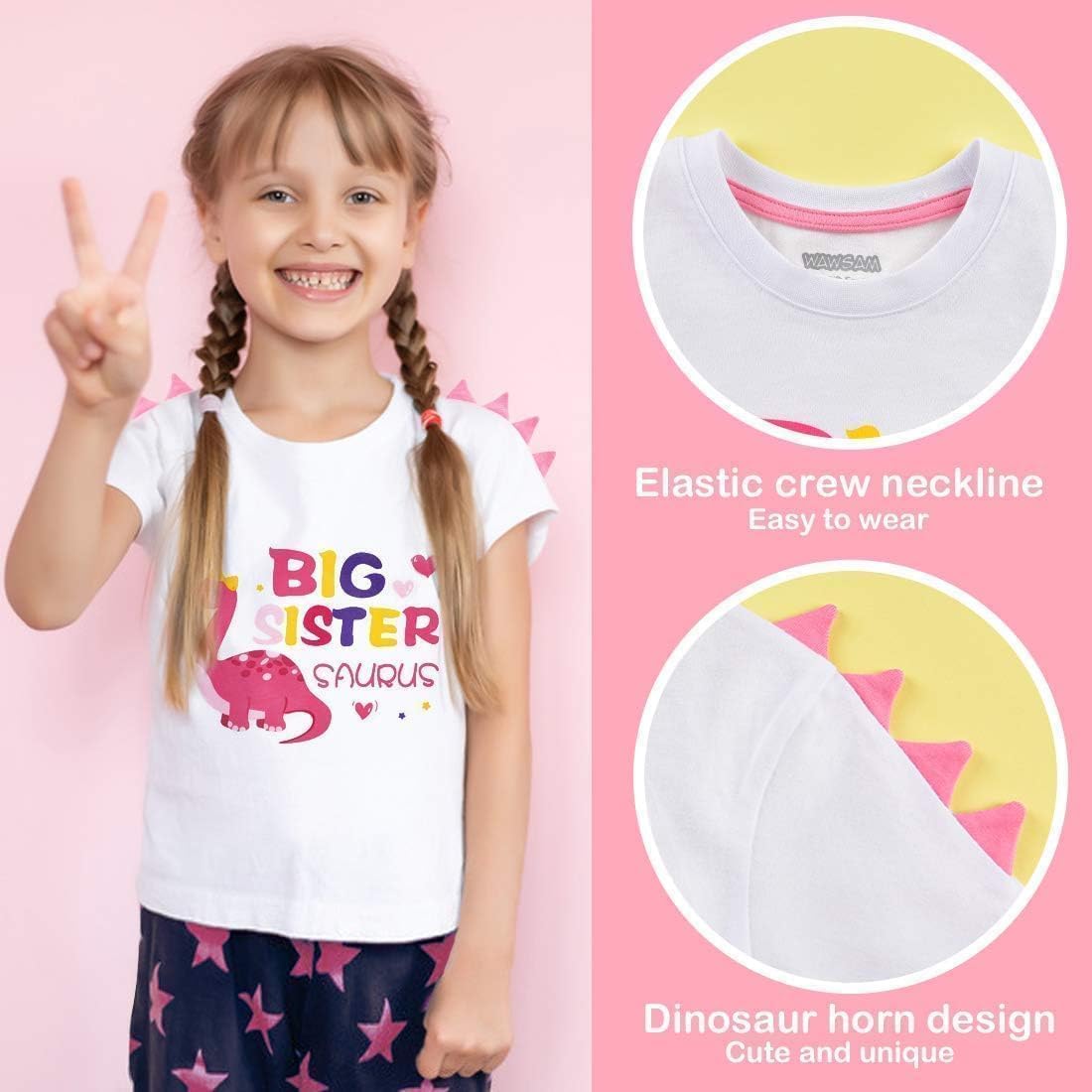 WAWSAM Girl's Dinosaur Big Sister Announcement T-Shirt, White, Short Sleeve, Crew Neck, Casual, Kid Size