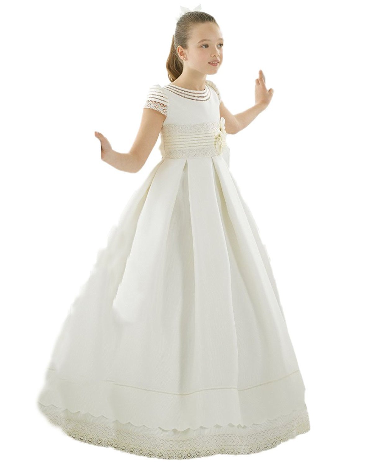 CoCogirls Niñas Blanco Primera Comunión Vestidos Princesa Satén Encaje Niños Media Manga Vestidos de Niña de Flores