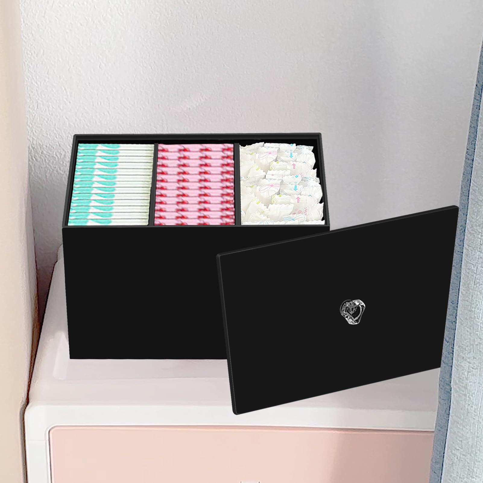 Caja de almacenamiento para sellos de baño, caja de almacenamiento de acrílico, organizador de reglas para mujer, color negro