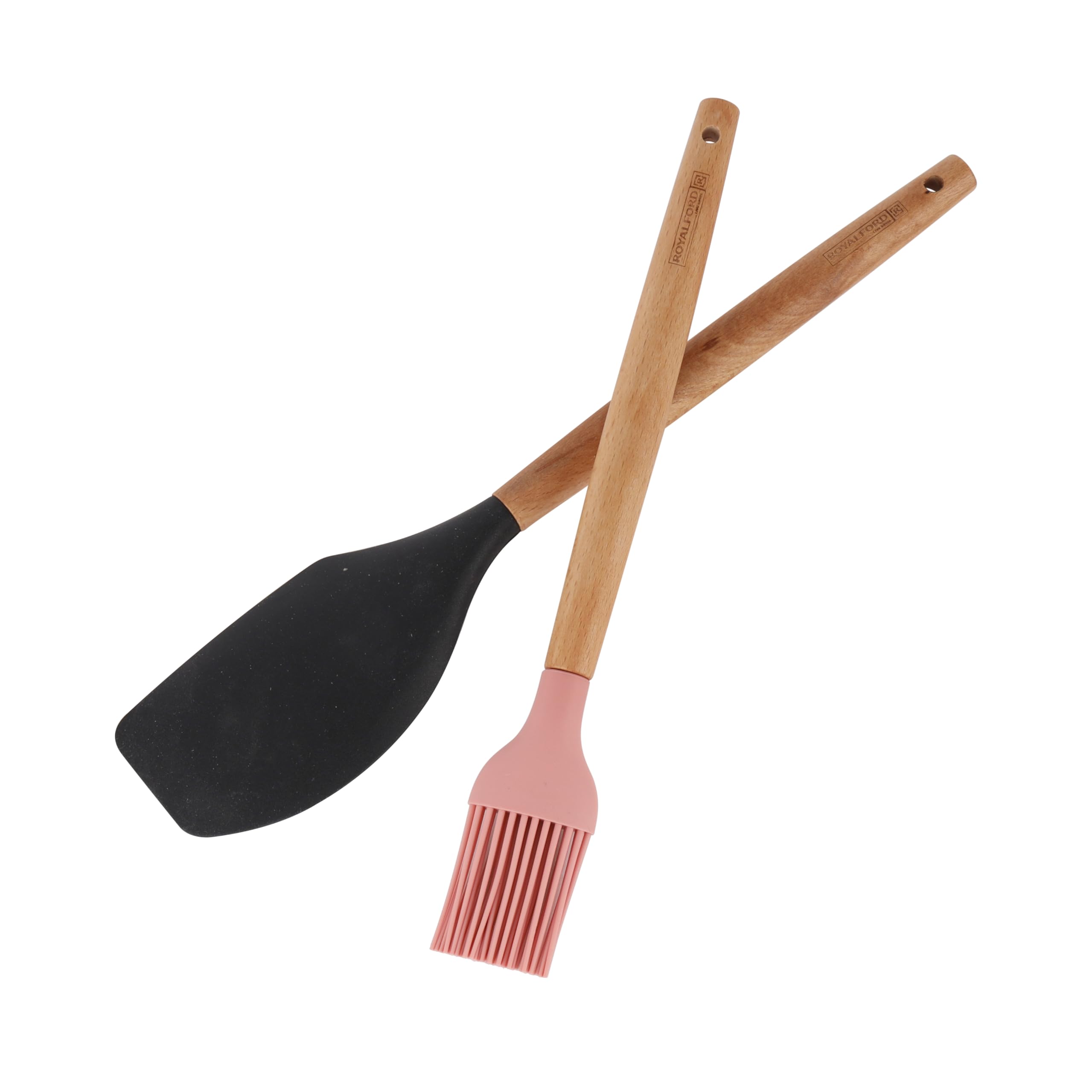 Royalford 2Pcs Kitchen Tools Set- RF12319 Silicone Tools with Wooden Handle, Includes a Spatula and an Oil brush