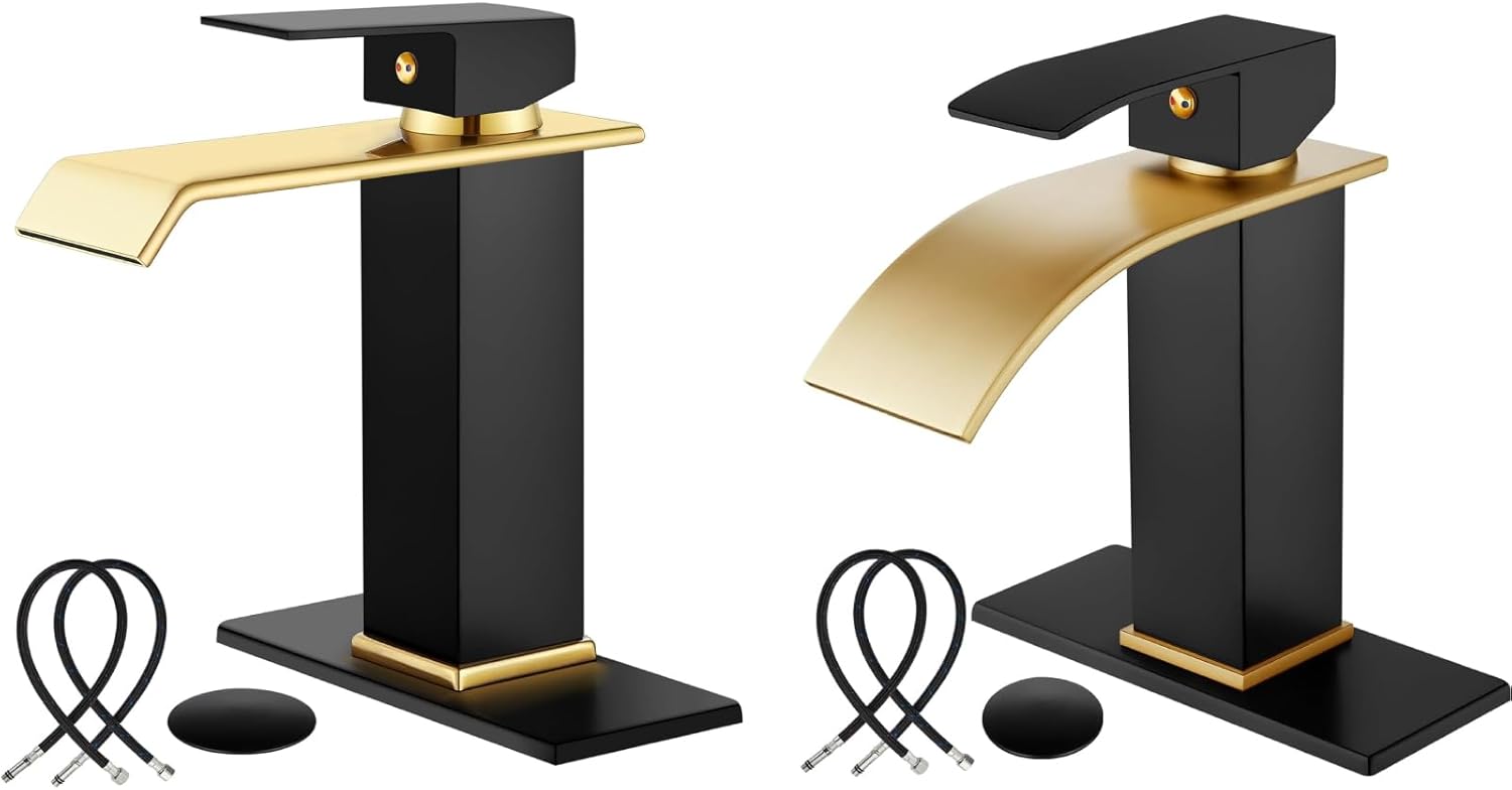 Midanya Matte Black and Shiny Gold Waterfall Bathroom Faucets Single Handle 1 Hole Bathroom Sink Faucet with Brushed Gold Spout Matte Black Single Handle Waterfall Bathroom Faucet 1 Hole