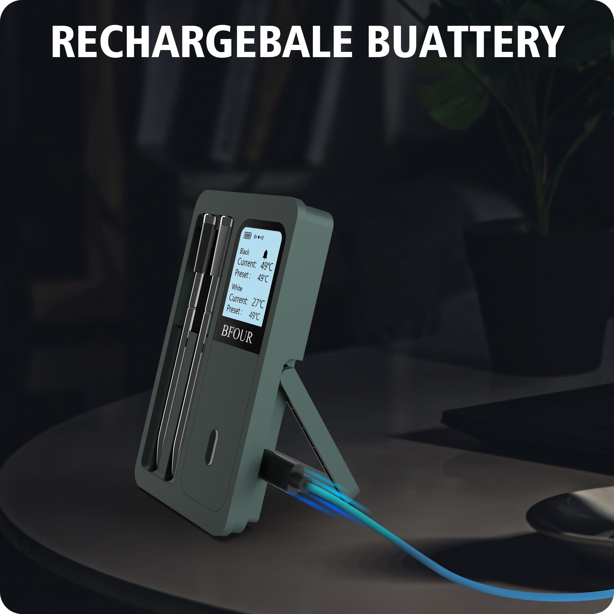BFOUR Termometro per carne senza fili con 2 sonde (aggiornamento), termometro Bluetooth con grande display LCD, controllo app, termometro intelligente per barbecue, forno e barbecue