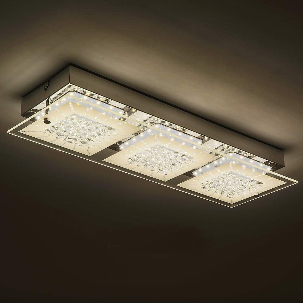 LED Ceiling Light Fixture With 3-Light,Minimalist Glass Flush Mount Lamp Auffel Morden Dimmable 18 Inch Crystal Chandelier Ceiling Wall light 1980LM 4000K Daylight White for Kitchen Porch Bedroom