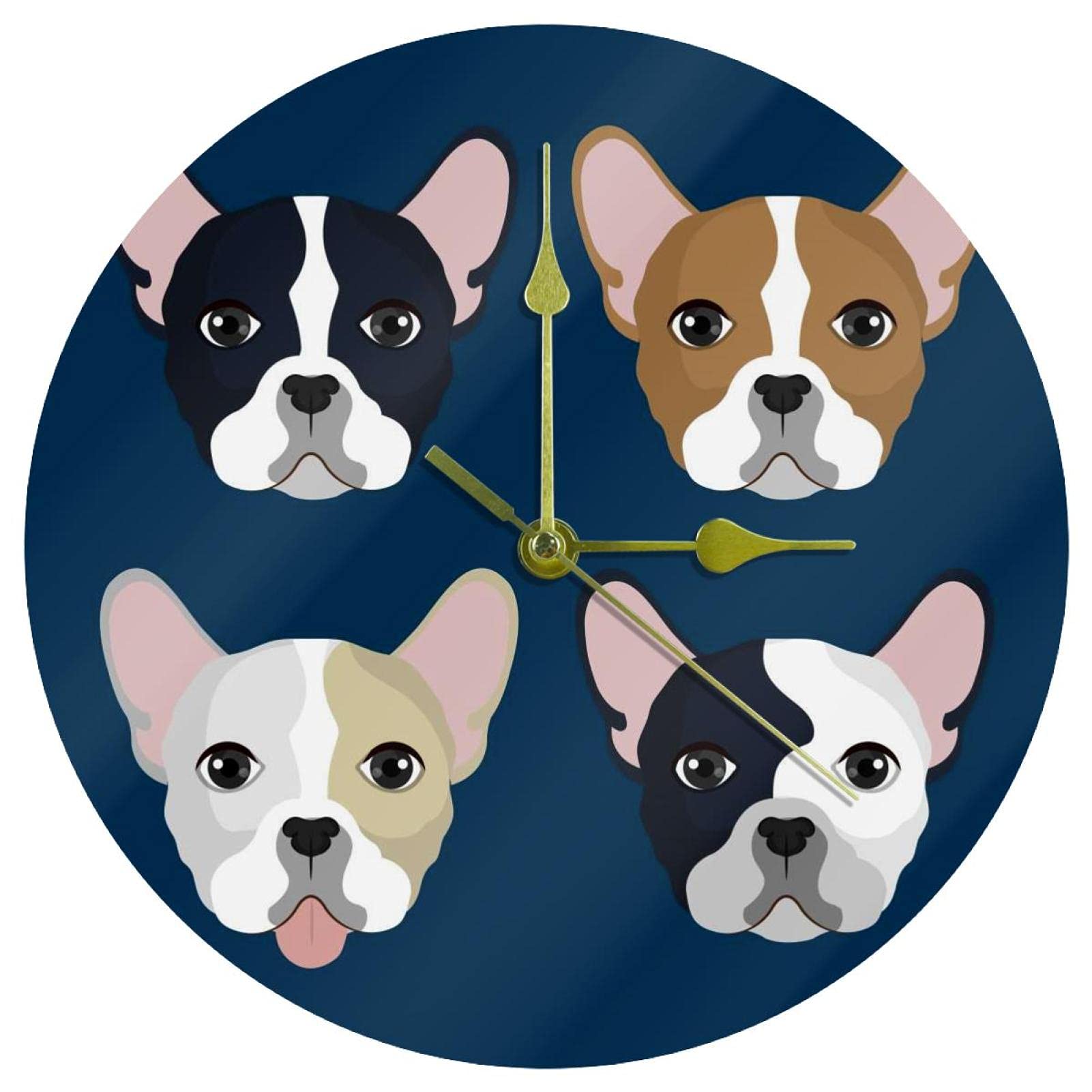 Horloge murale en acrylique bouledogue ronde et silencieuse pour la maison