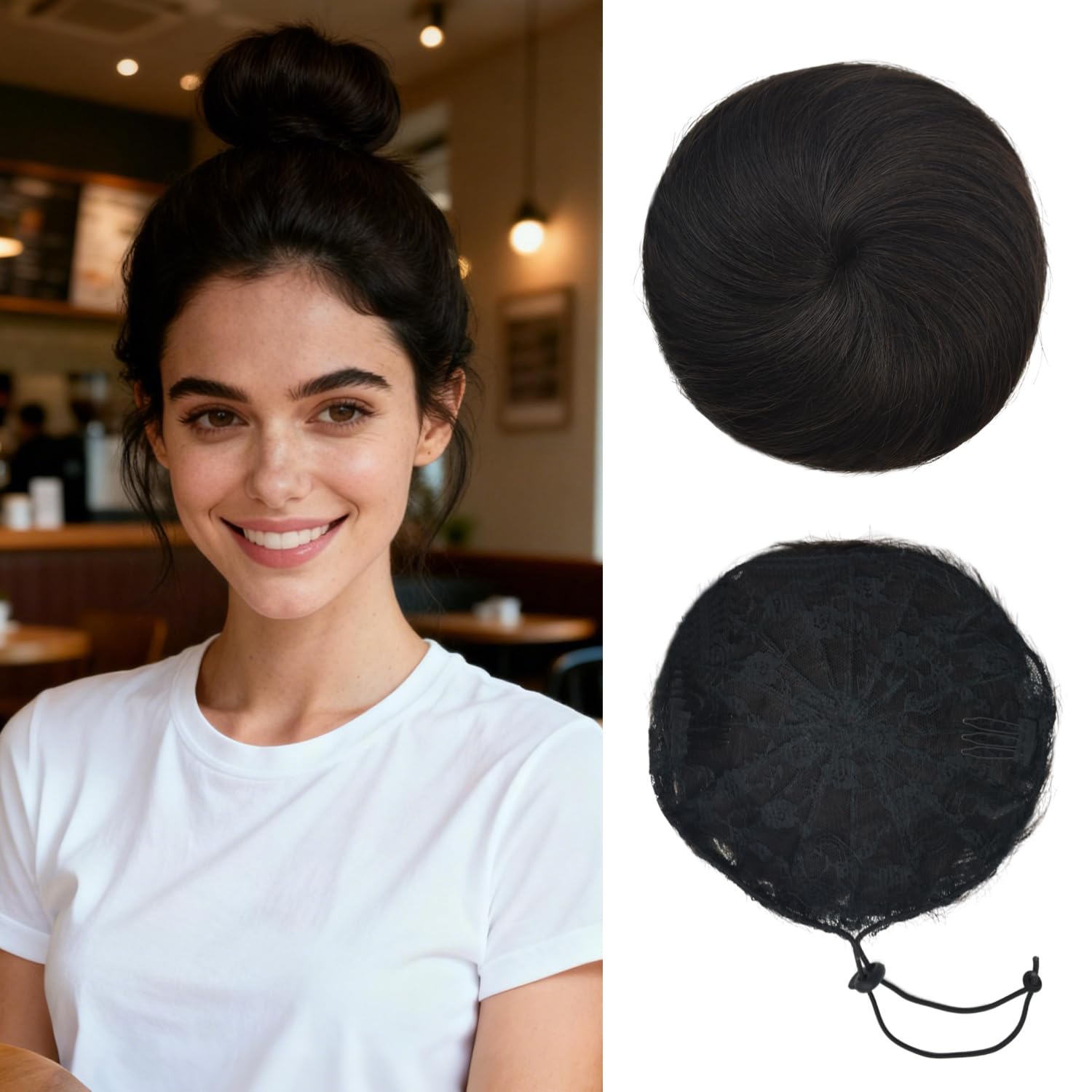 Echthaar Donut-Haarteil, Natürliche Schwarze, 32 g | 100 % Echthaar, Verstellbare Zugkordel, Ballett Dutt, Haaraccessoire für Damen
