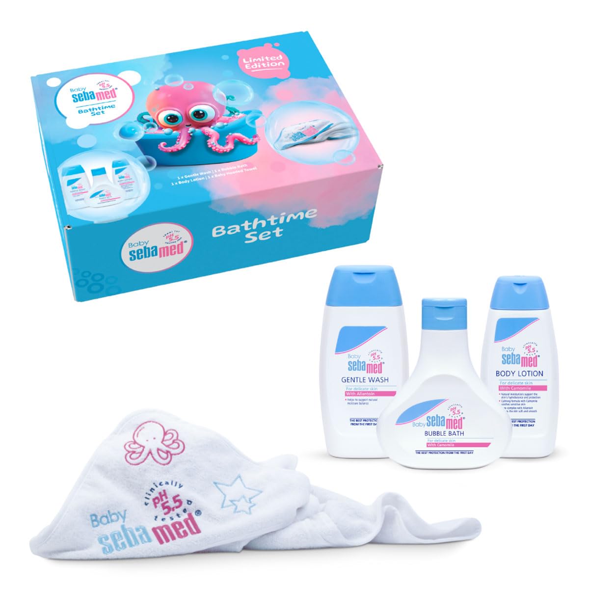 Sebamed Baby Bath Time Set | Includes Gentle Wash, Bubble Bath, Body Lotion and Hooded Towel in Colourful Gift Box