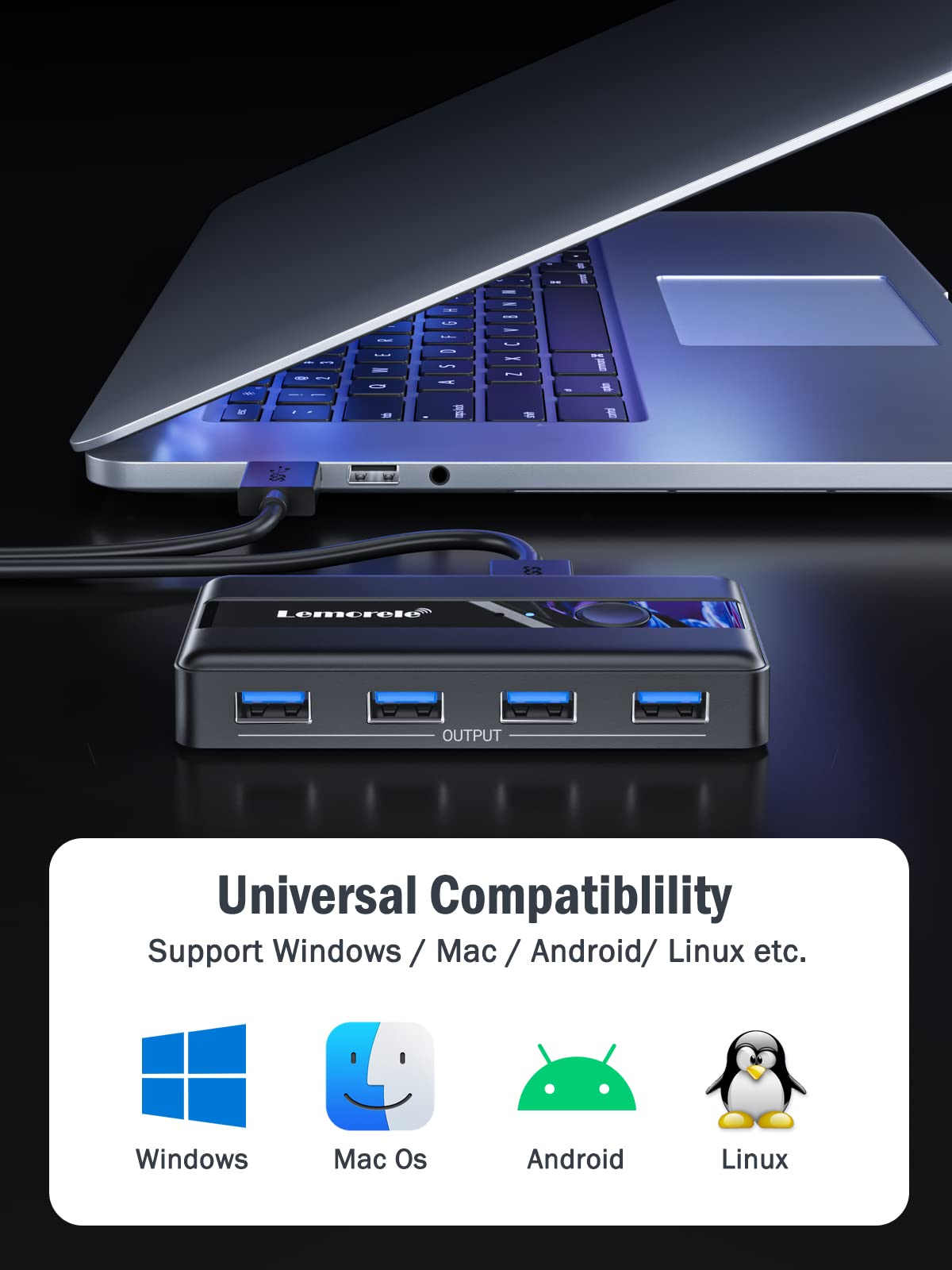Lemorele Switch USB 3.0 KVM Switch 4 Puertos USB para 2 PCs para Teclado Ratón Disco Duro Externo Impresora Escáner