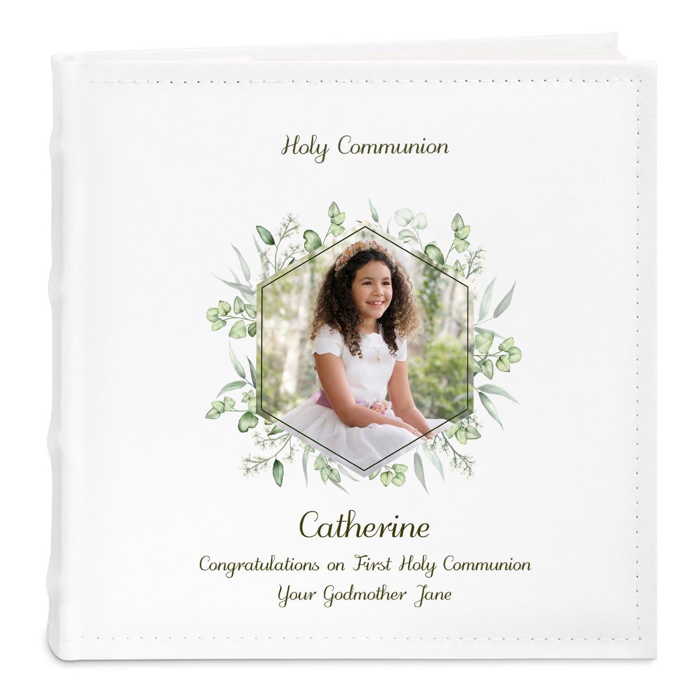 Maverton Girls Natural Slip-In Photo Album - Holy Communion Memento - Engravable White Cover With Elegant Design - Up To 200 Images - Personalized First Holy Communion Gift