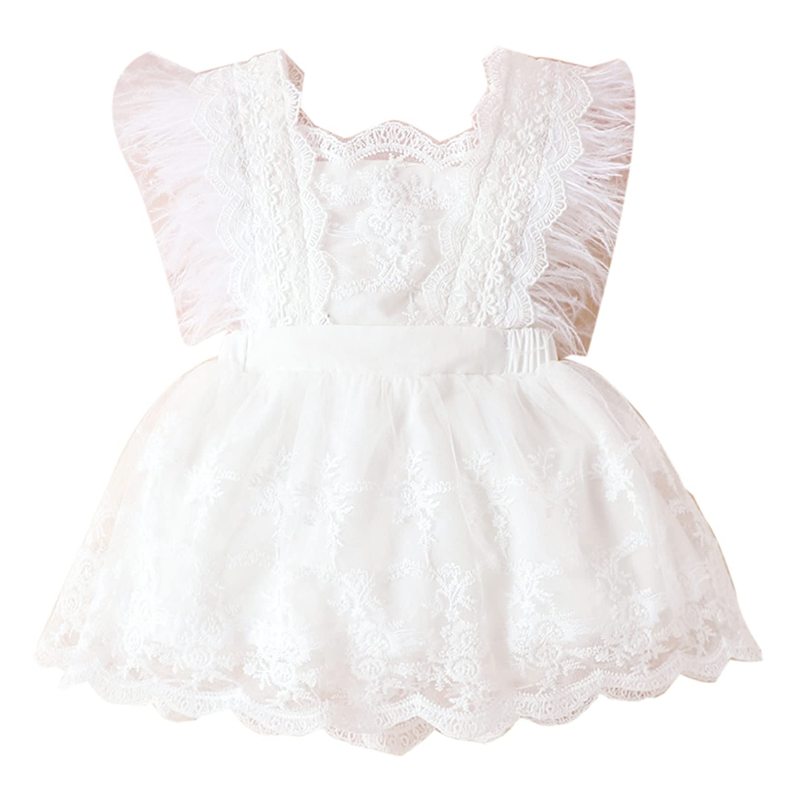 Toddler Baby Girls Lace Dress Floral Embroidery Feather Sleeve Tulle Tutu Dresses Cake Smash Party A-Line Sundress (White, 6-12 Months)