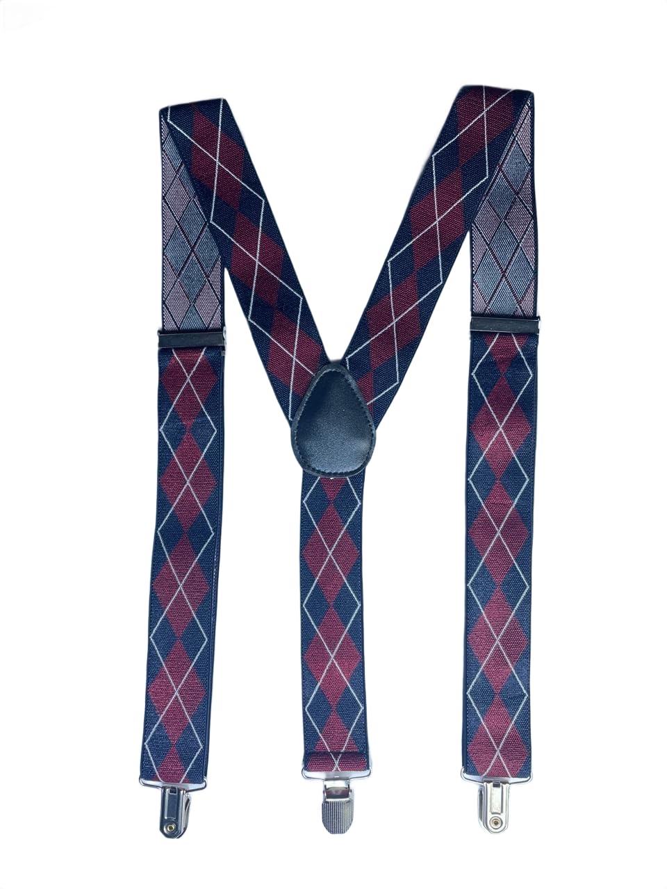 Men’s Adjustable Y-Back Suspenders – Wide Clip-On Elastic Braces with Heavy-Duty Metal Clips, Navy Blue & Burgundy Argyle Diamond Pattern – Classic Suspenders for Pants, Business & Casual Outfits-image-25