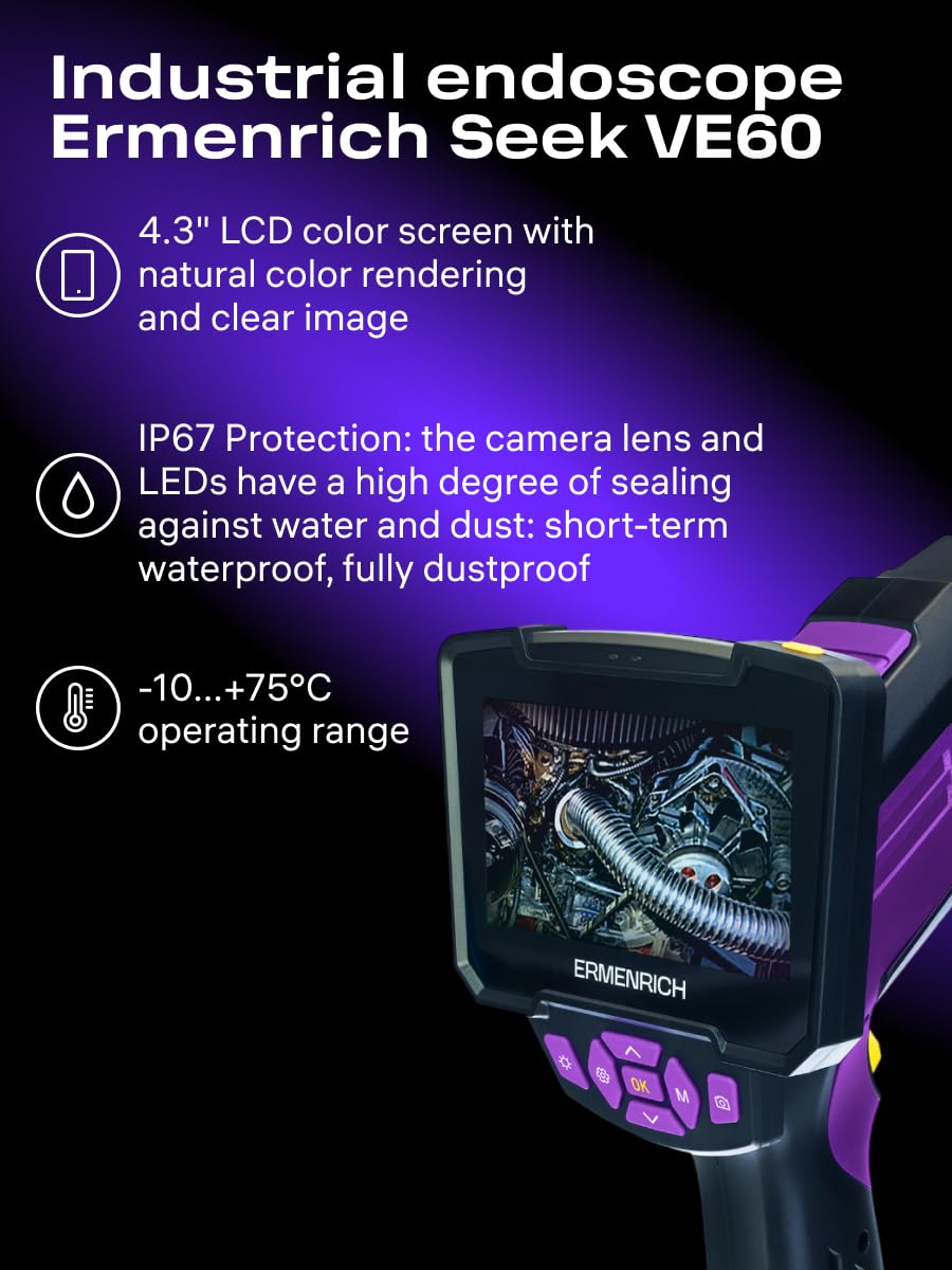 Seek VE60 Cámara Endoscopio Industrial con Pantalla 4,3" HD | Endoscopio de Inspección Doble Lente, IP67 Sonda Flexible de 1m, Cámara con 8 Luces LED, para Auto, Motor, Tuberías
