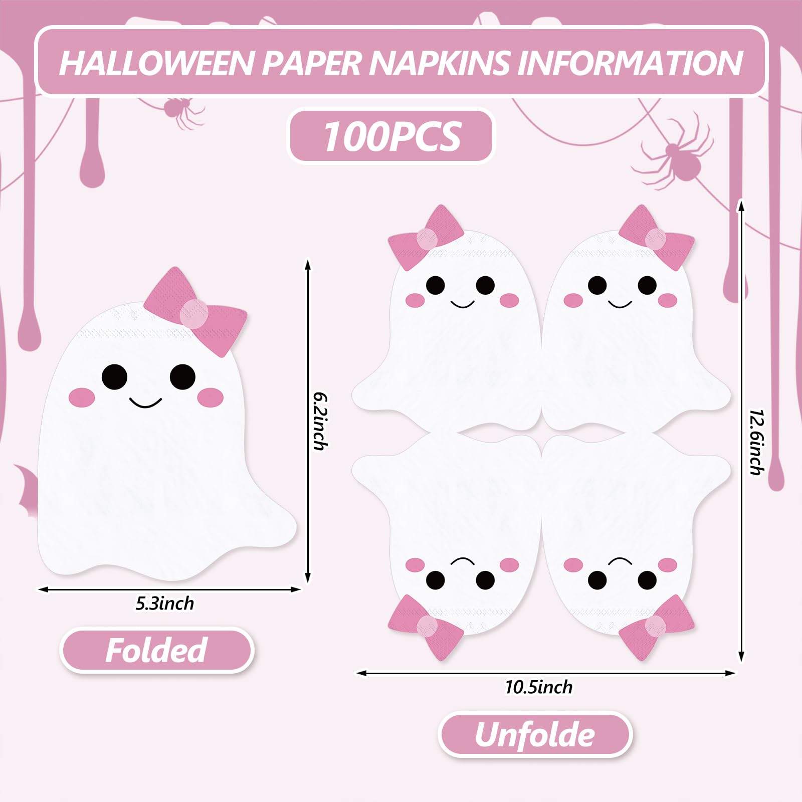 JarThenaAMCS 100Pcs Halloween Ghost Napkins White Pink Ghost Shape Paper Napkins Cute Boo Disposable Dinner Hand Napkins for Halloween Baby Shower Party Supplies
