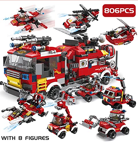 Pidepcos LEGO 806pcs Feuerwehr 8in1 LKW Auto Hubschrauber Boot Bausteine Stadt Feuerwehr Figuren Spielzeug Feuerfahrzeug… – Bild 8