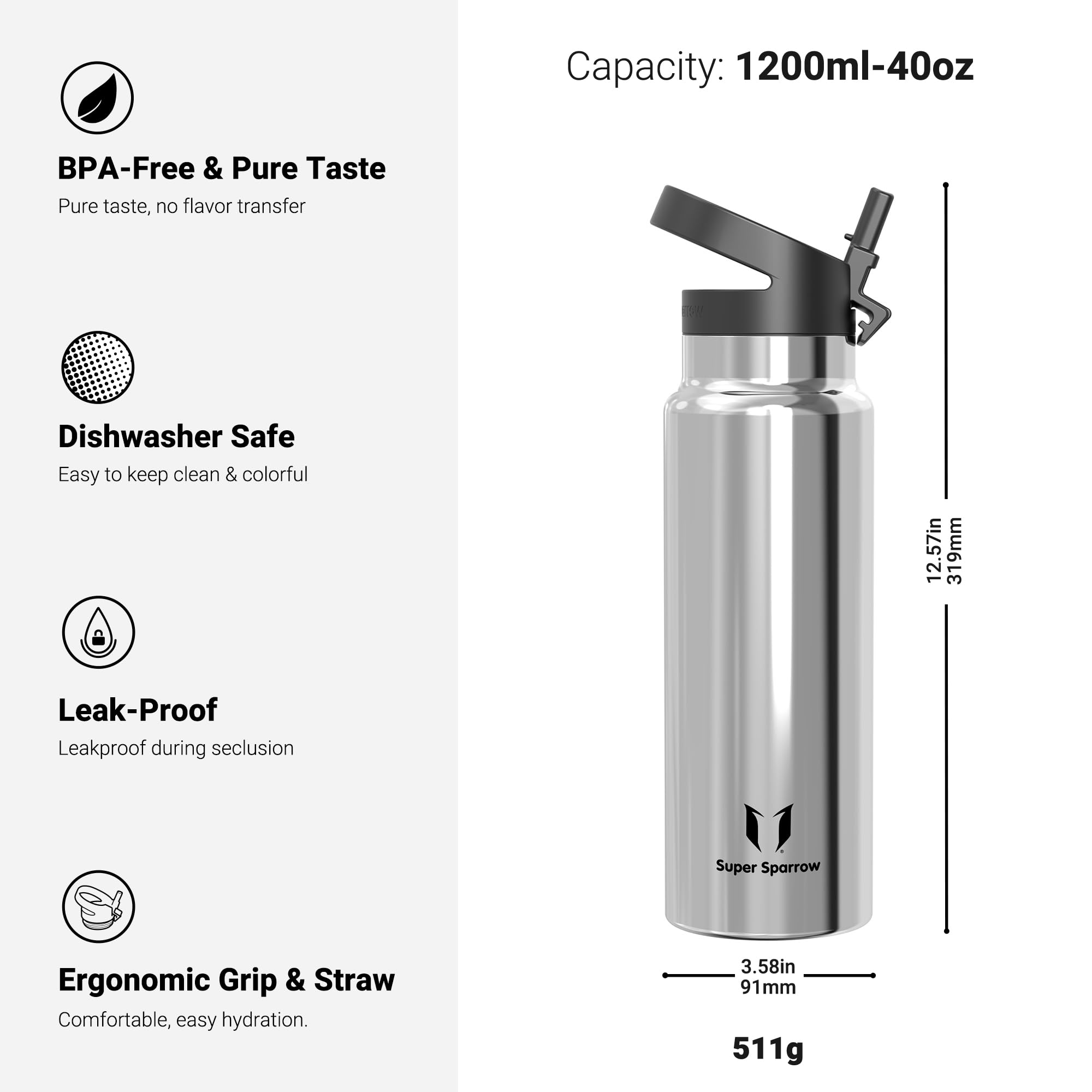 Super Sparrow Borraccia Termica - 500ml, 750ml, 1000ml, 1.2L, 1.5L- SwivelSip Inox Bottiglia - Senza BPA Borracce Termiche, Borraccia Ergonomica per Bambini, Sportiva, Bici, Campeggio, Palestra