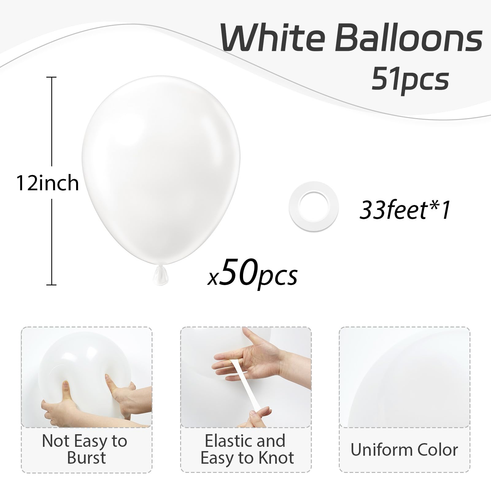 Awenztech White Balloons 12 inch, White Latex Balloons 50pcs Party Balloon for Engagement Bachelorette Bridal Shower Wedding Party Birthday Decorations