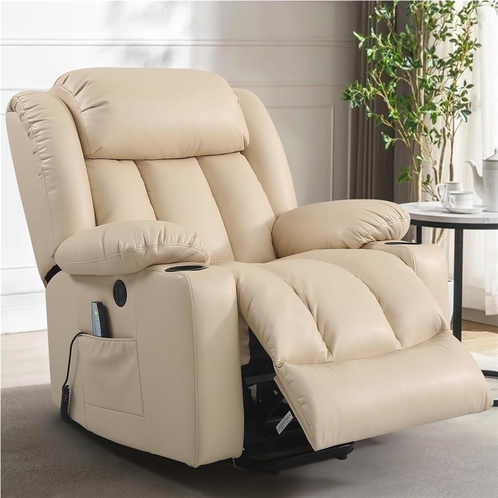 Electric Lift Recliner Chair with Heating and Massage Power Stand Assist Reclining Sofa for Elderly Breathable Leather Living Room Chair with Cup Holders USB Charging Ports