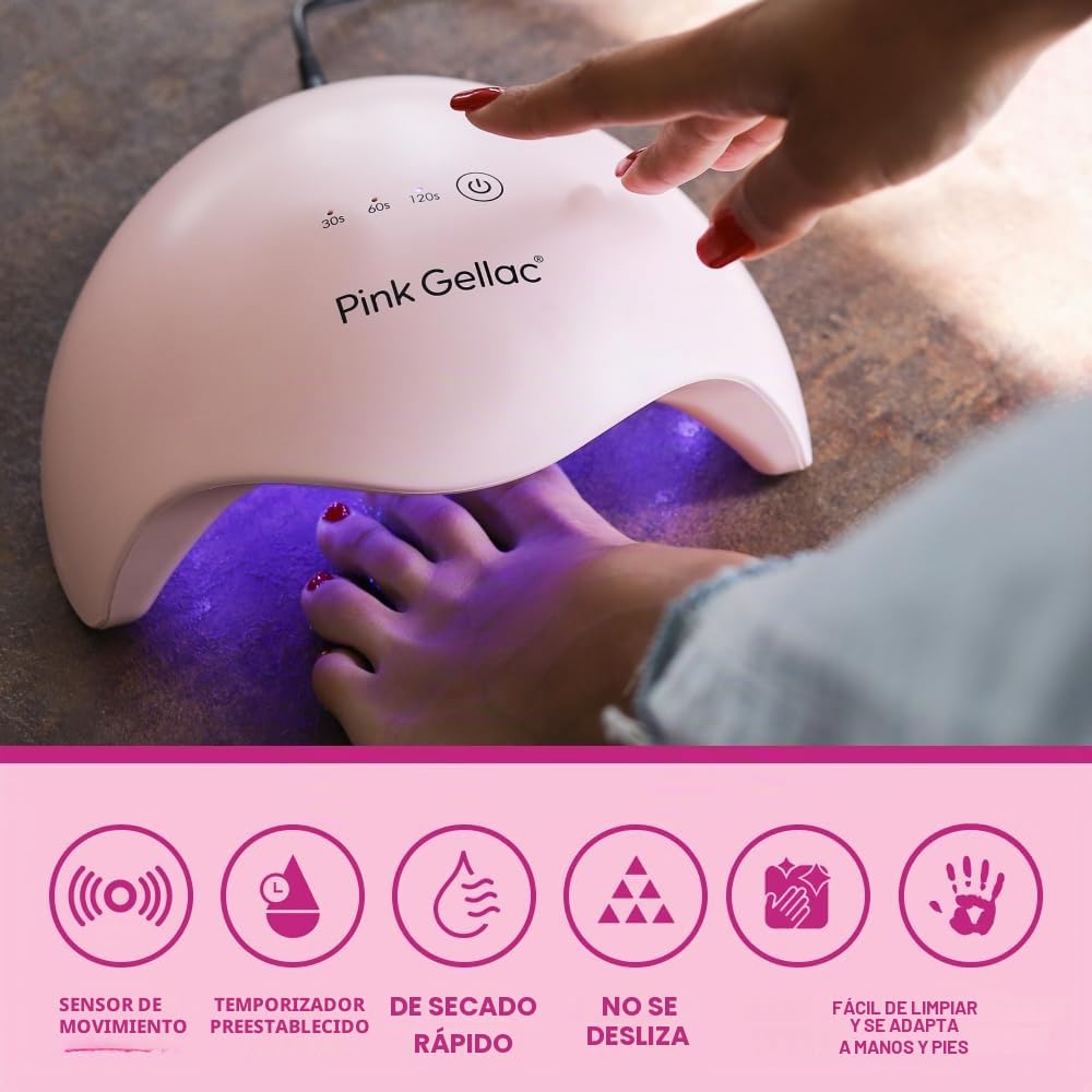 Pink Gellac Kit de Uñas Semipermanentes - Set de Manicura y Pedicura con Pro Lampara Uñas Semipermanentes Rosa, 1x Color Rosa 15 ml, Top Coat y Base Coat, Removedor y Limpiador - Calidad de Salón