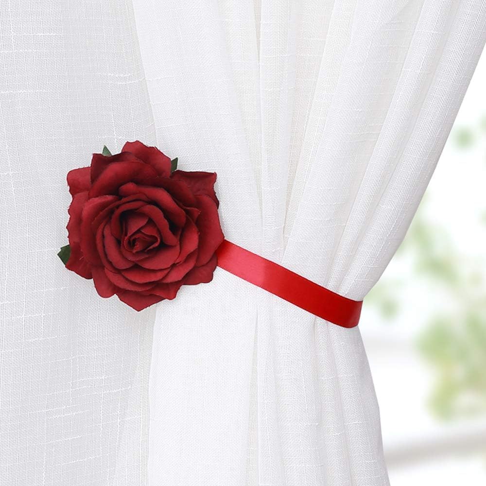 Magnetic Curtain Tiebacks, Rose Flower Tie Backs Rope for Curtains, Elegant 2 Pack Decorative Holdbacks Holders, Home Decor Thin or Sheer Window Drapries Bed Canopy (Red)