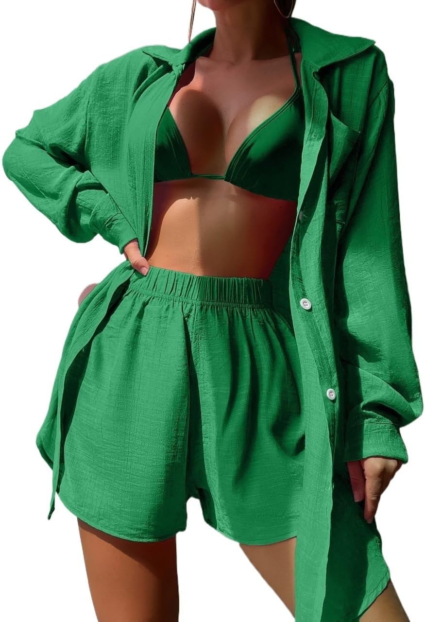 swimsuit coverup for women Summer Beach Solid Button Front Cover Up Set
