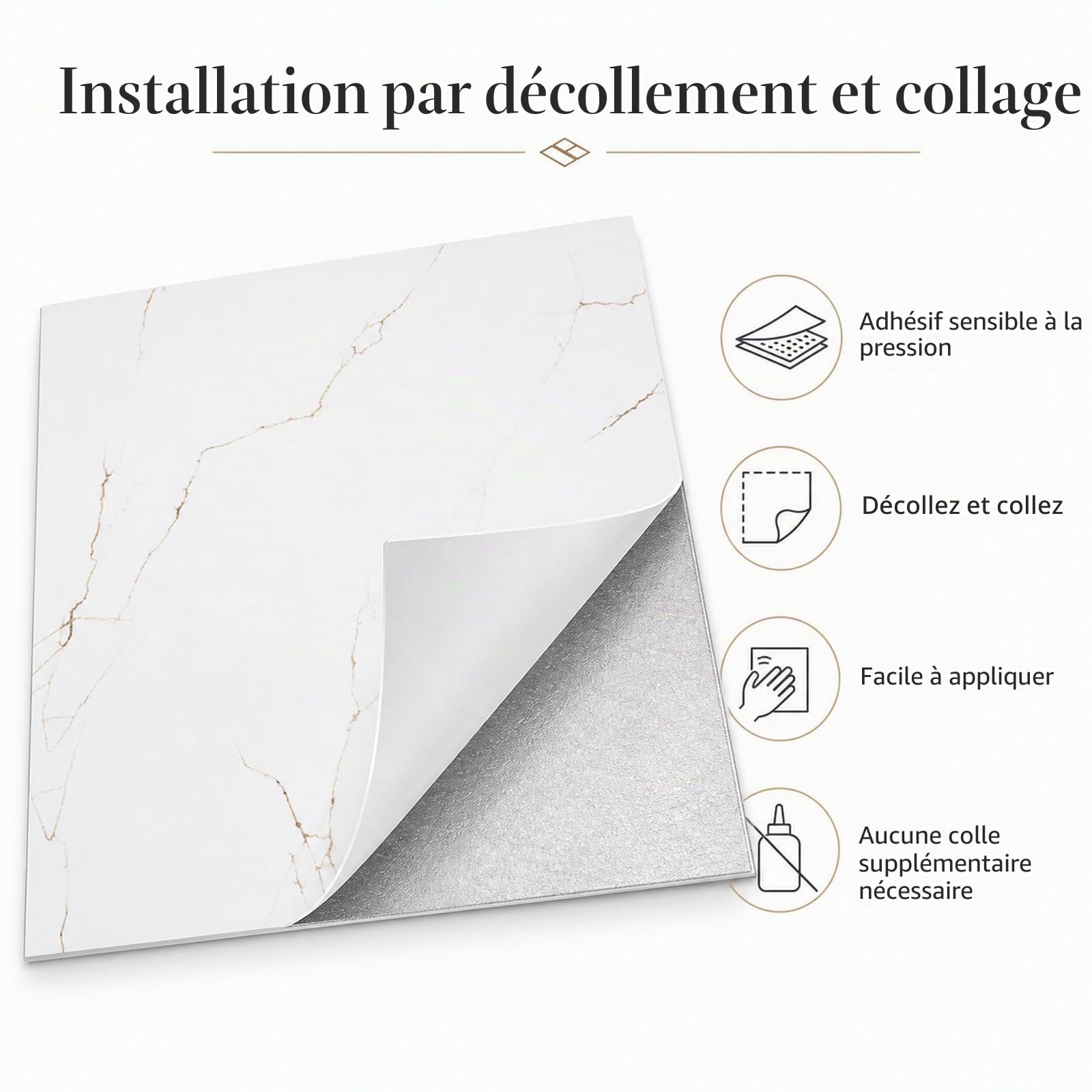 STARVAST Lot de 40 revêtements de sol en PVC - 30 x 30 cm - Blanc - Film de sol autocollant - Pour salon, salle de bain - 40 carreaux/3,6 m² - Marbre blanc
