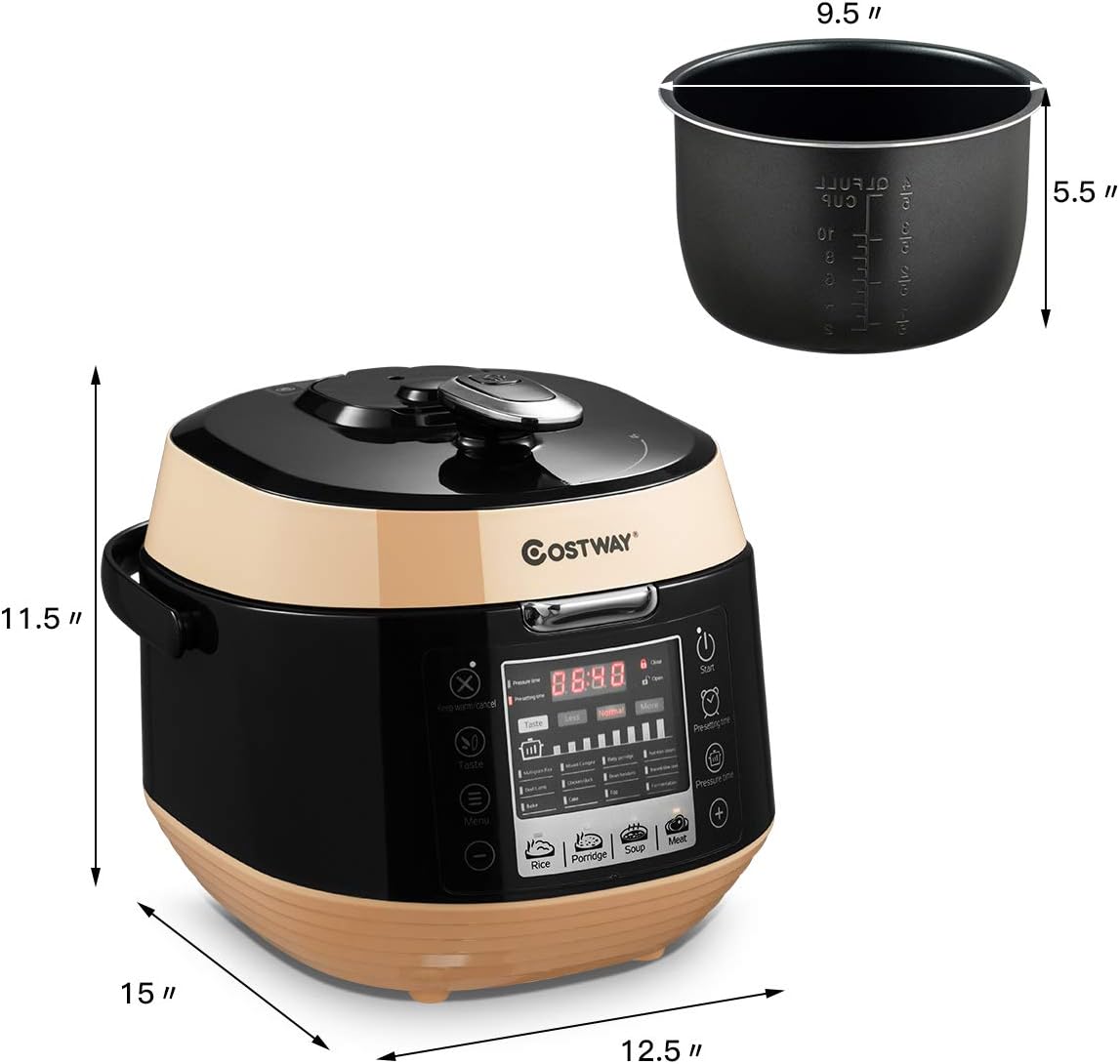 Diagram illustrating the dimensions of the COSTWAY Electric Pressure Cooker, showing a depth of 15 inches, width of 12.5 inches, and height of 11.5 inches. The inner pot dimensions are also shown as 9.5 inches diameter and 5.5 inches height.