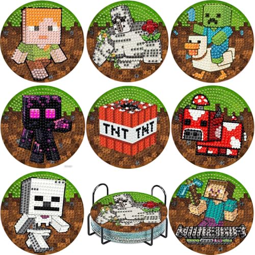 GQYCZZ 8 Pcs Diamond Art Coasters Kit for Adults/Beginner Game Theme Diamond Painting Coasters with Holder 5D Gem Art DIY Crafts Diamond Dots for Gift Life 10X10CM