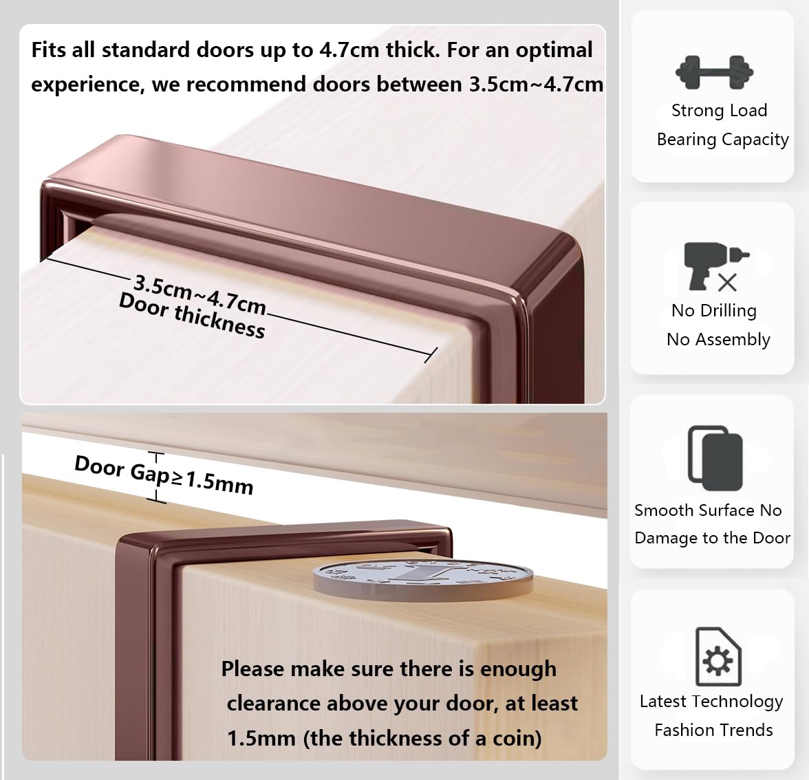 WBDXWB Over The Door Hook, Over Door Hanger for Coat Towel, Bag, Robe (2 Pack, Bronze) - Image 4