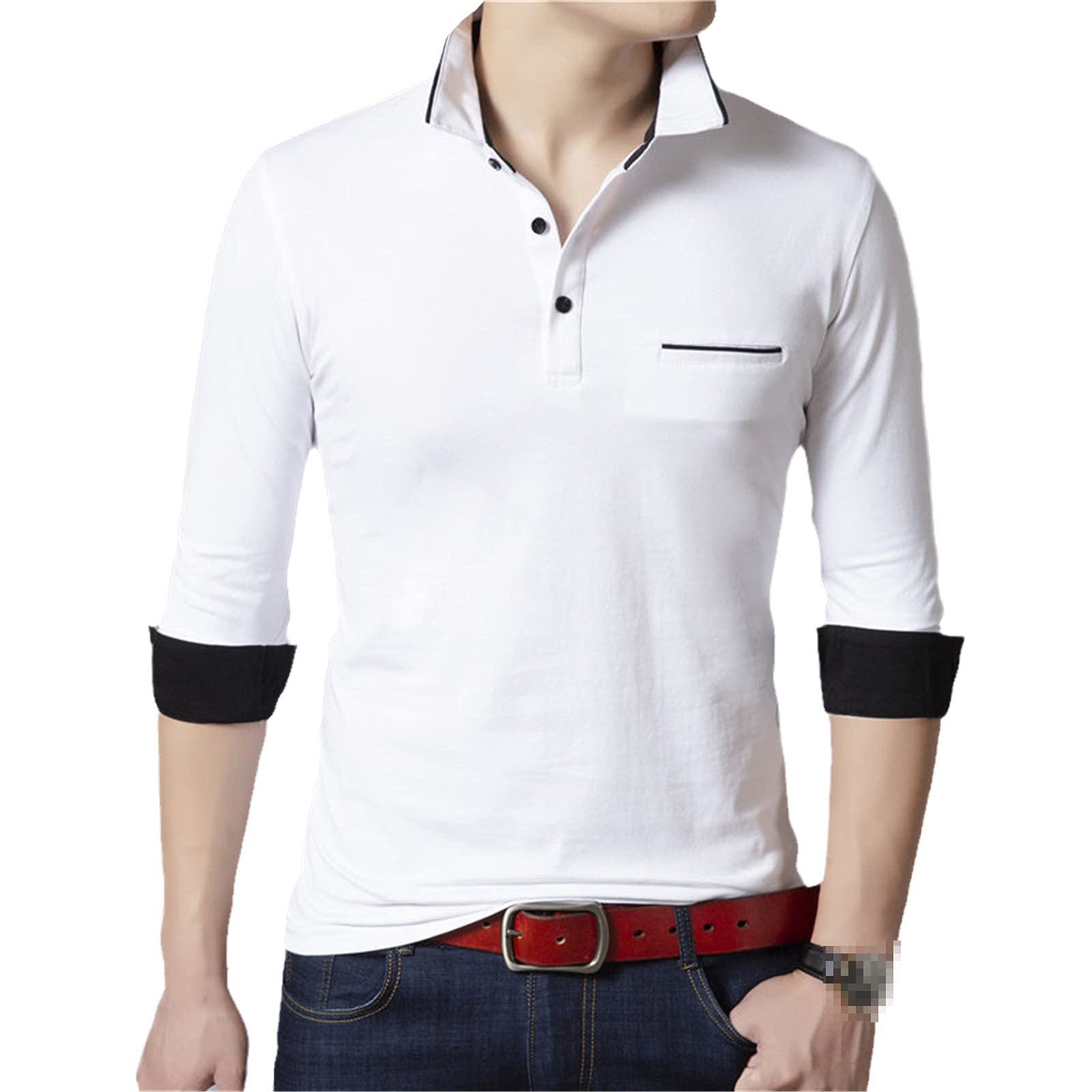 Langärmeliges T-Shirt für Herren, Business, Freizeit, mit Umlegekragen, aus weicher Baumwolle, weiß, S