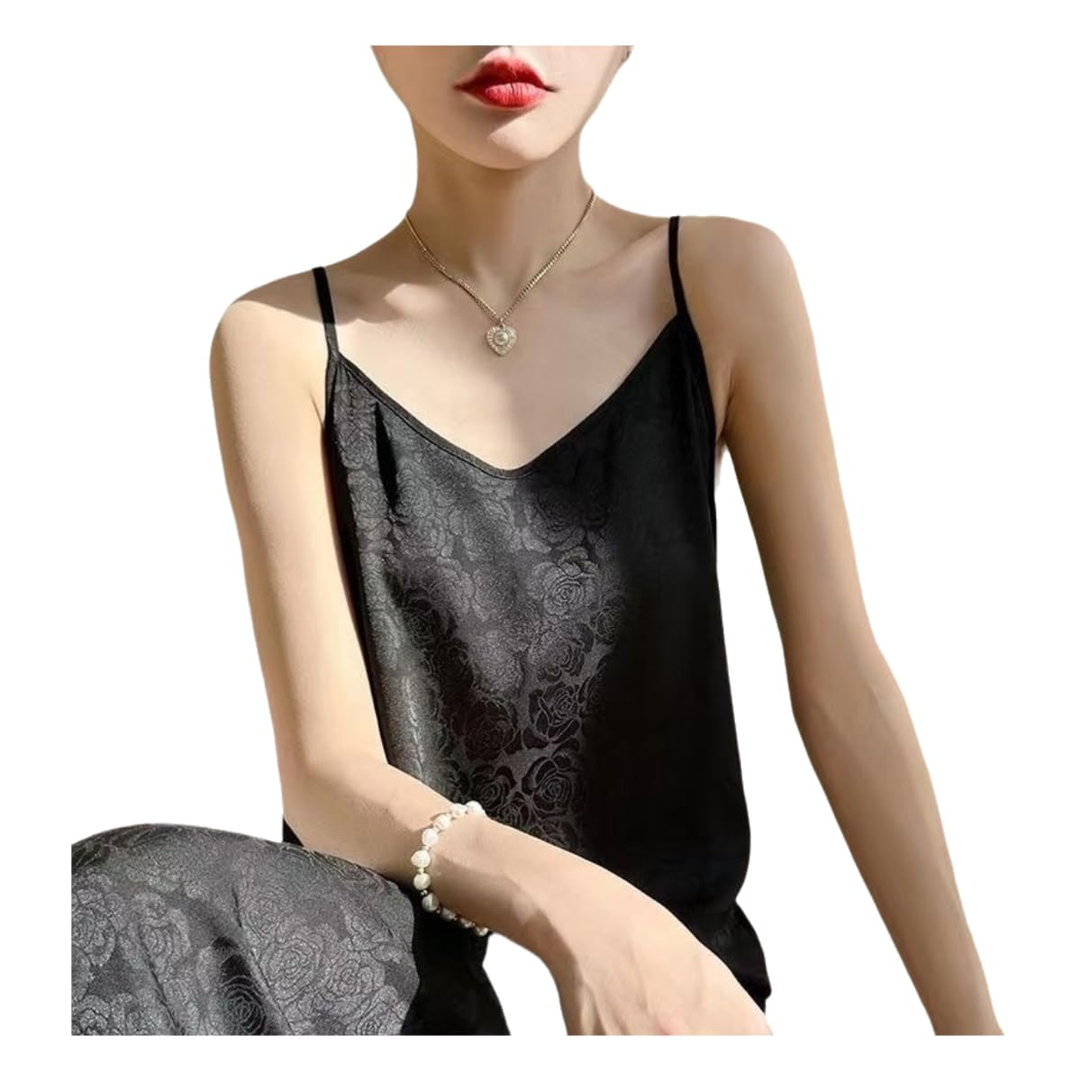 Damen Nachthemd Jacquard Rose Elegante Loungewear, Frauen Seide Ärmellose Nachtkleid, Lose Lange Pyjamas, Loungewear-schwarz-XXL(72-82kg)