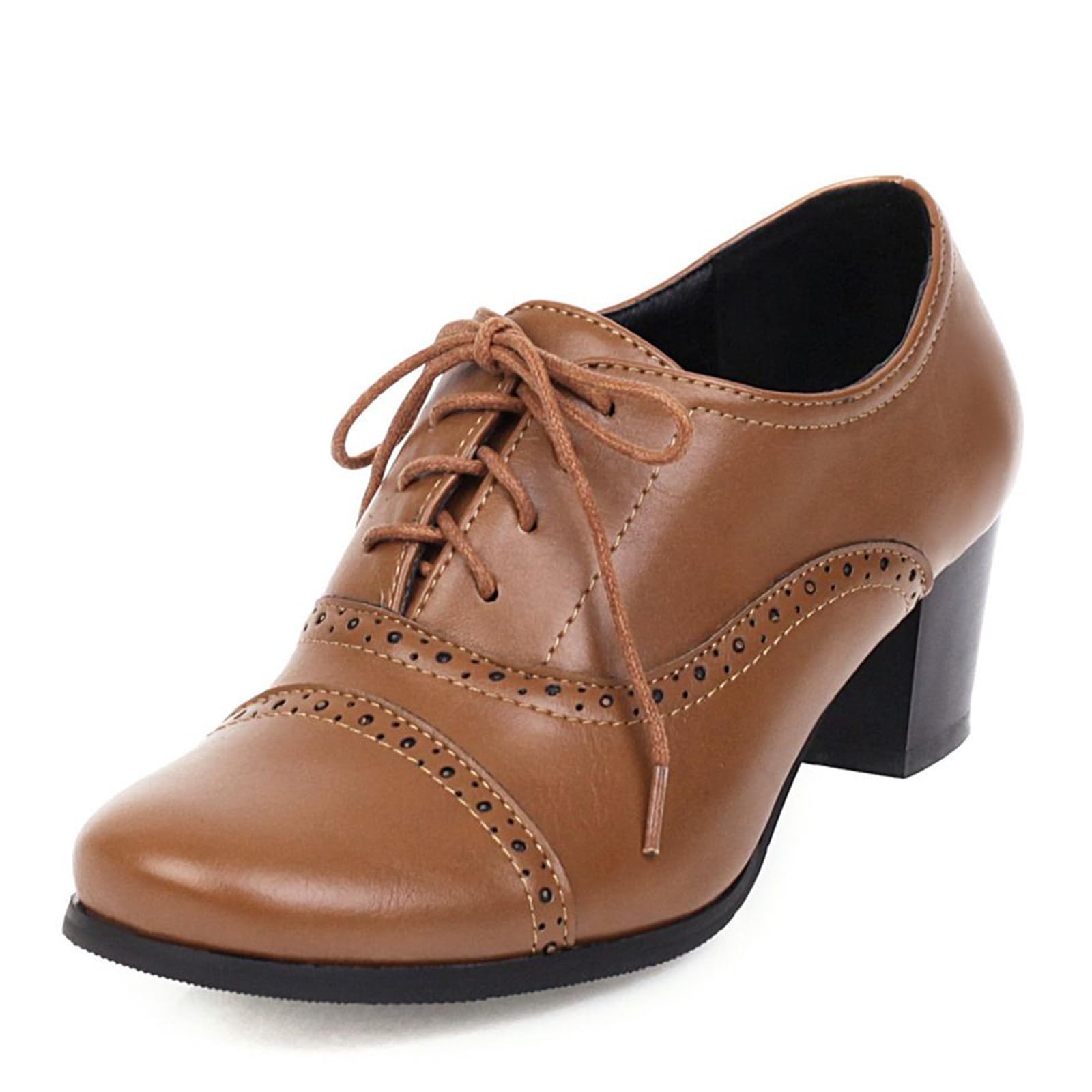 Elbslutt Womens Wingtip Square Toe Oxfords Chunky Block Heel Lace Up Vintage Brogue Office Shoes