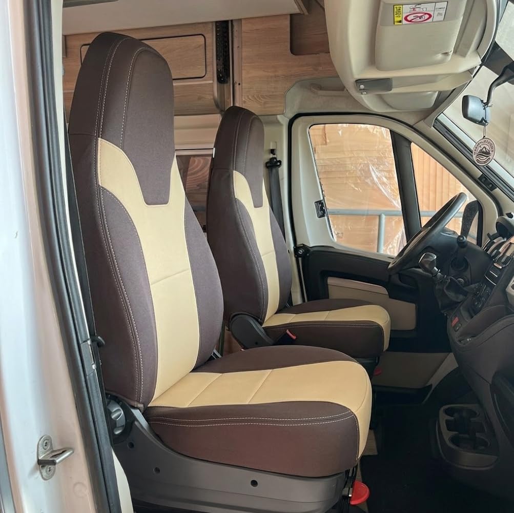 Pack 2 Fundas de Asiento Premium Choco Beige para Autocaravanas y Furgonetas Camper Fiat Ducato, Peugeot Boxer y Citroën Jumper (+2006)