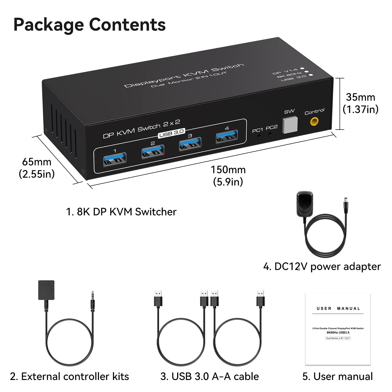 VPFET Switch KVM Displayport 8K@60Hz 2 monitor 2 computer USB 3.0 KVM Switch per 2 computer Condividi monitor doppi e 4 dispositivi USB Supporto 4K @120Hz DP 1.4 con kit esterno e adattatore 12V DC