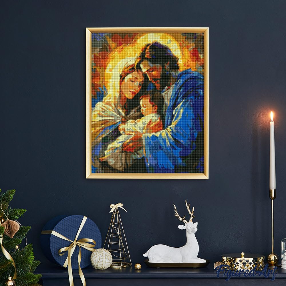 Figured'Art Diamond Painting con telaio Art 5D kit completo 40x50cm Tela già Incorniciata Interamente da Ricoprire di Diamonds Quadrati - Sacra Famiglia - Pittura Diamante